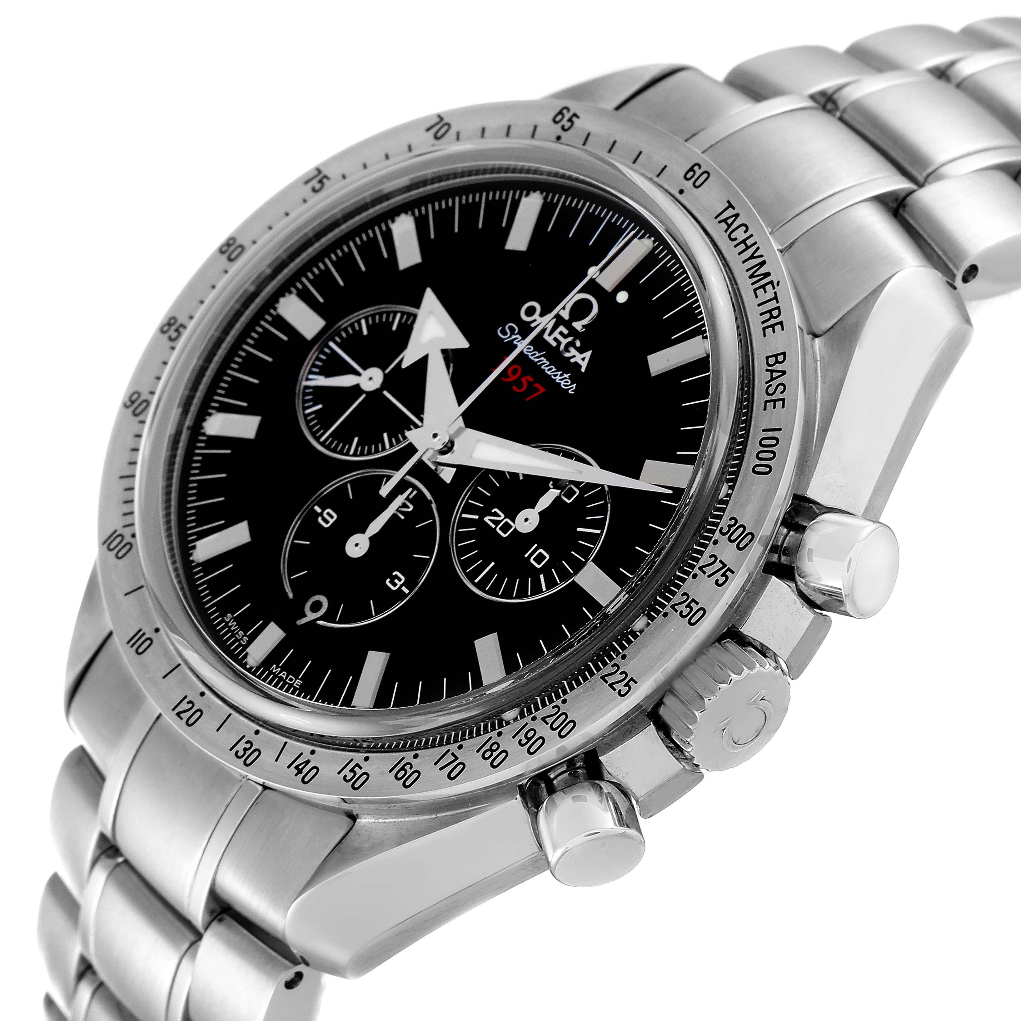 This Omega Speedmaster 321.10.42.50.01.001 Men
s Stainless Steel Black Dial 321.10.42.50.01.001 Men
s Stainless Steel Black Dial watch is shown from an angled side view, highlighting the dial, crown, pushers, and stainless steel bracelet.