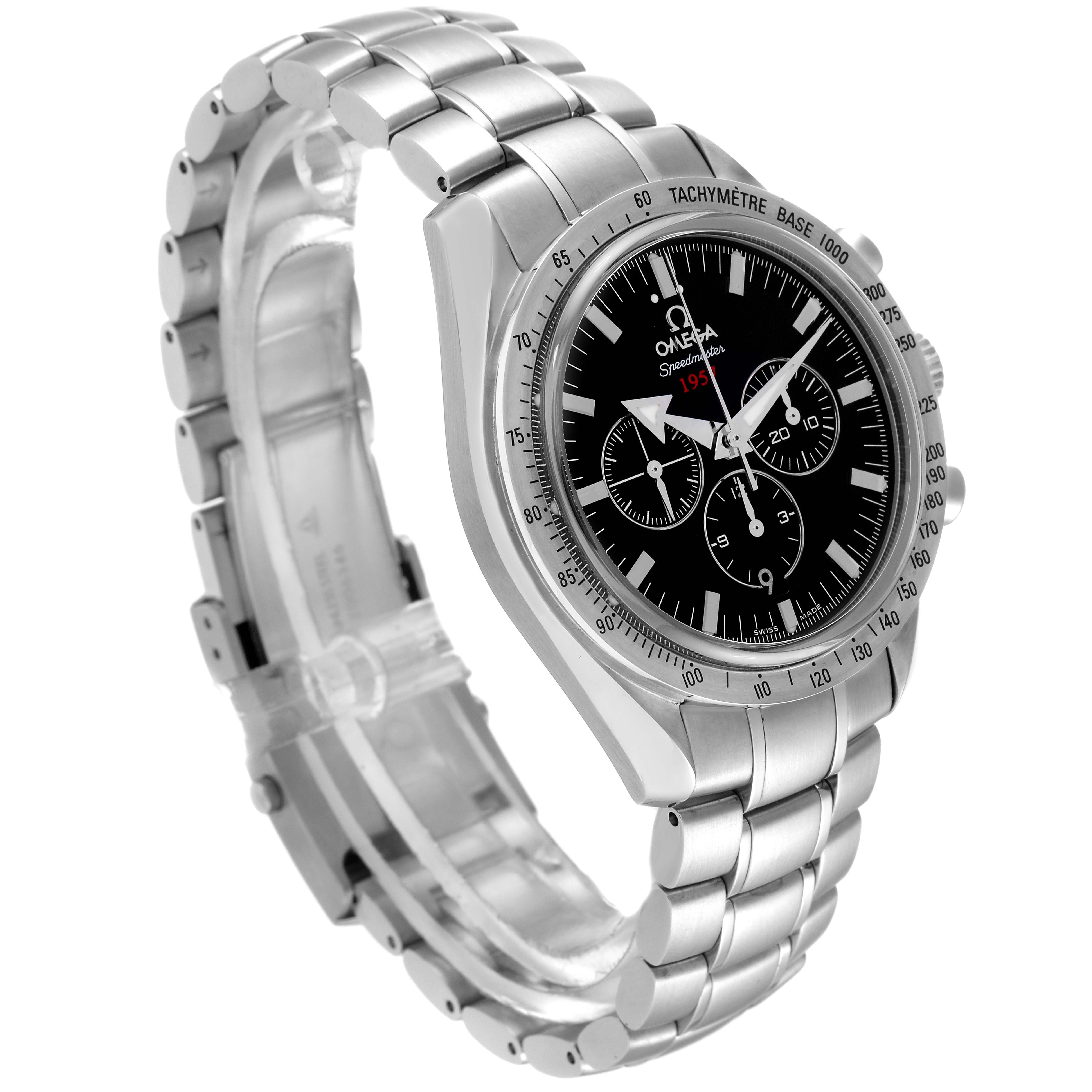 The image shows an angled view of an Omega Speedmaster 321.10.42.50.01.001 Men
s Stainless Steel Black Dial 321.10.42.50.01.001 Men
s Stainless Steel Black Dial watch showcasing its dial, bezel, and metal bracelet.