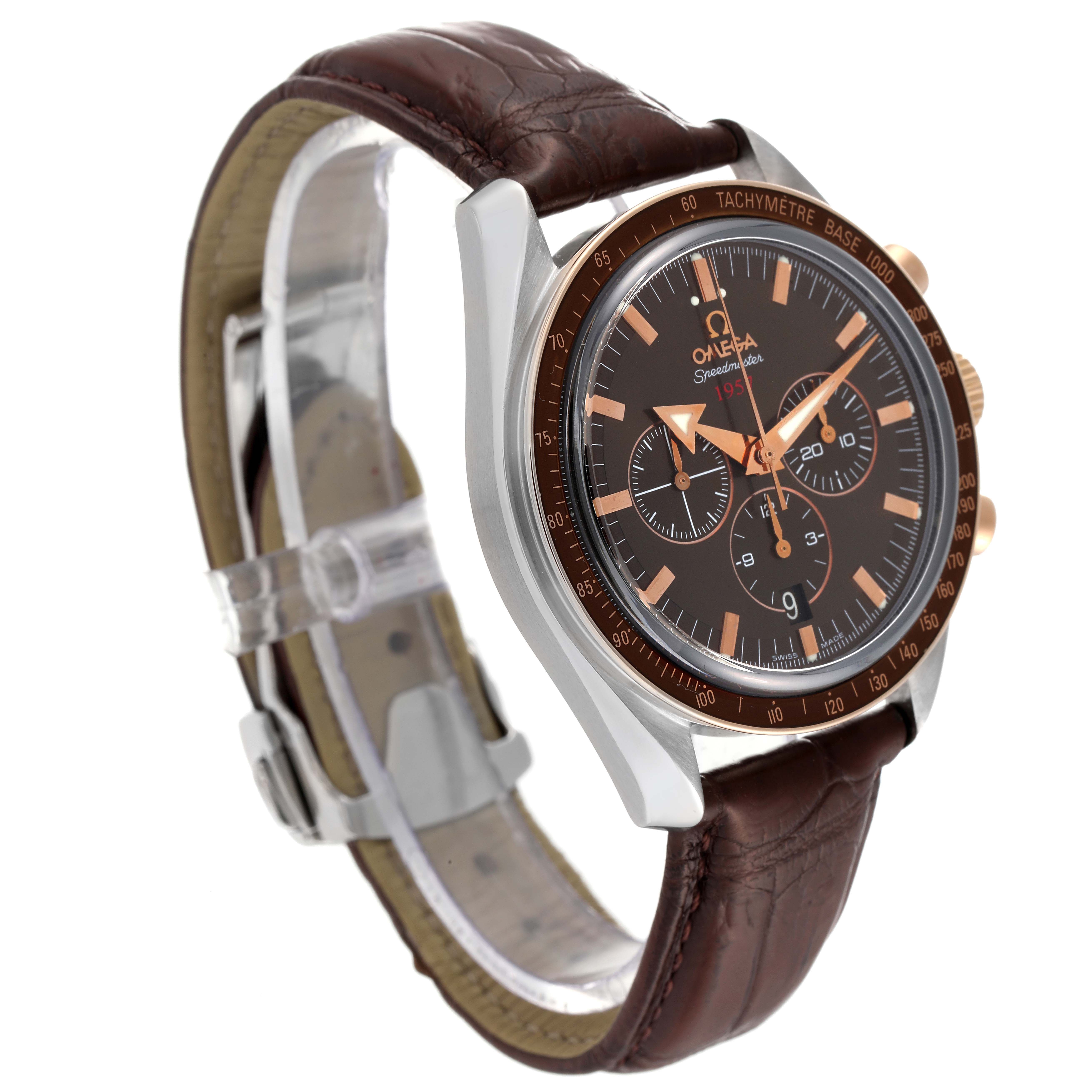 The image shows an angled view of an Omega Speedmaster 321.93.42.50.13.001 Men's Steel and Gold (two tone) Brown Dial 321.93.42.50.13.001 Men's Steel and Gold (two tone) Brown Dial watch, highlighting the face, bezel, and leather strap.