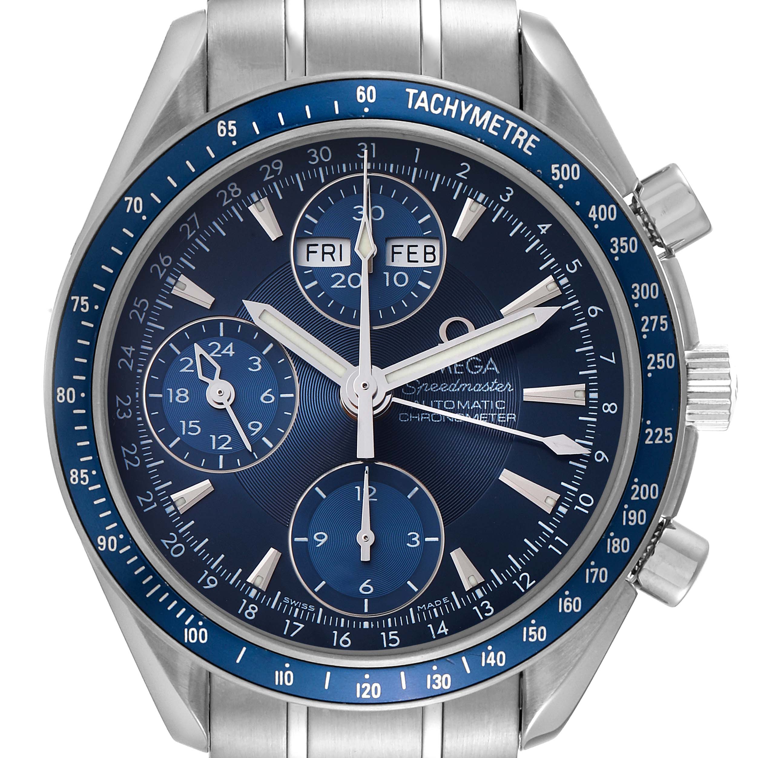 The Omega Speedmaster 3222.80.00 Men's Stainless Steel Blue Dial 3222.80.00 Men's Stainless Steel Blue Dial watch is shown from a front angle, displaying its face, chronograph dials, and tachymeter bezel.