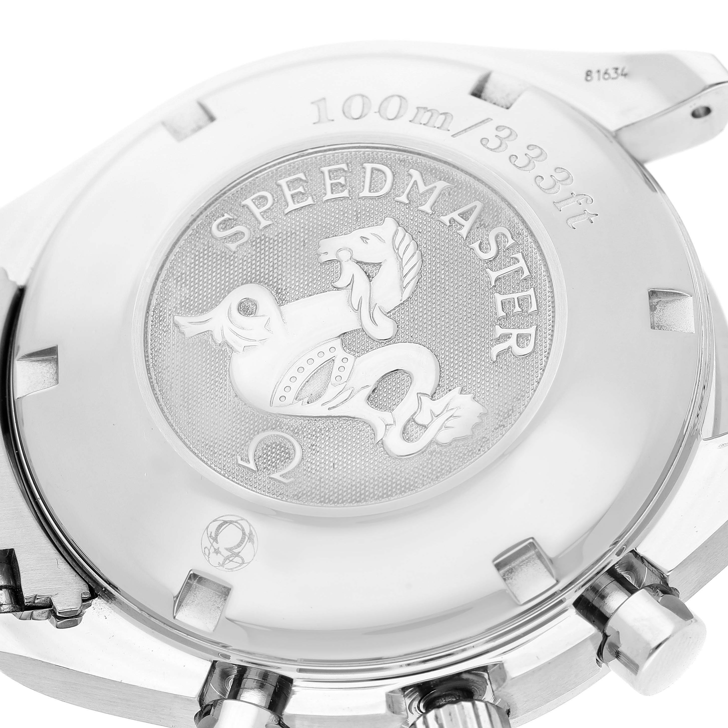 The image shows the back case of an Omega Speedmaster 3222.80.00 Men's Stainless Steel Blue Dial 3222.80.00 Men's Stainless Steel Blue Dial watch, displaying its emblem and water resistance details.