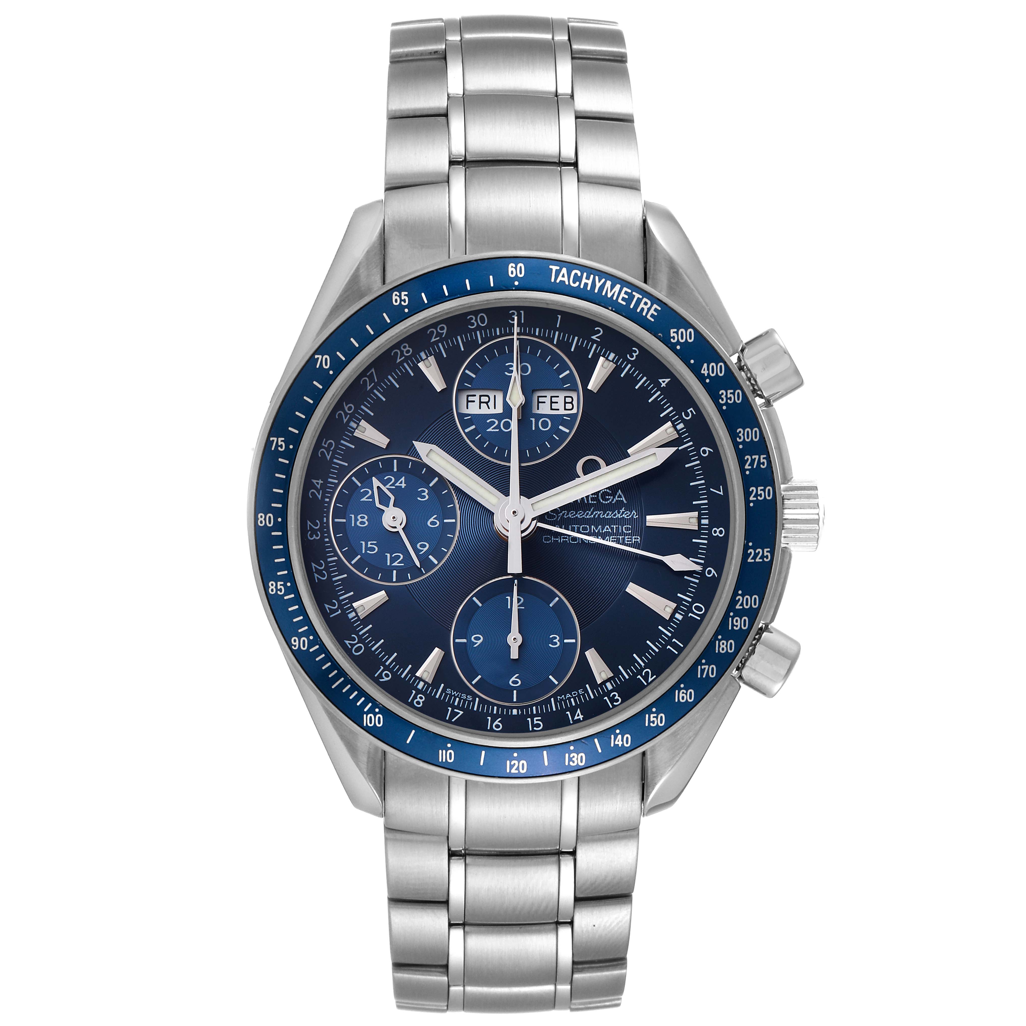 The image shows a front view of an Omega Speedmaster 3222.80.00 Men's Stainless Steel Blue Dial 3222.80.00 Men's Stainless Steel Blue Dial watch, highlighting the dial, bracelet, tachymeter bezel, and pushers.