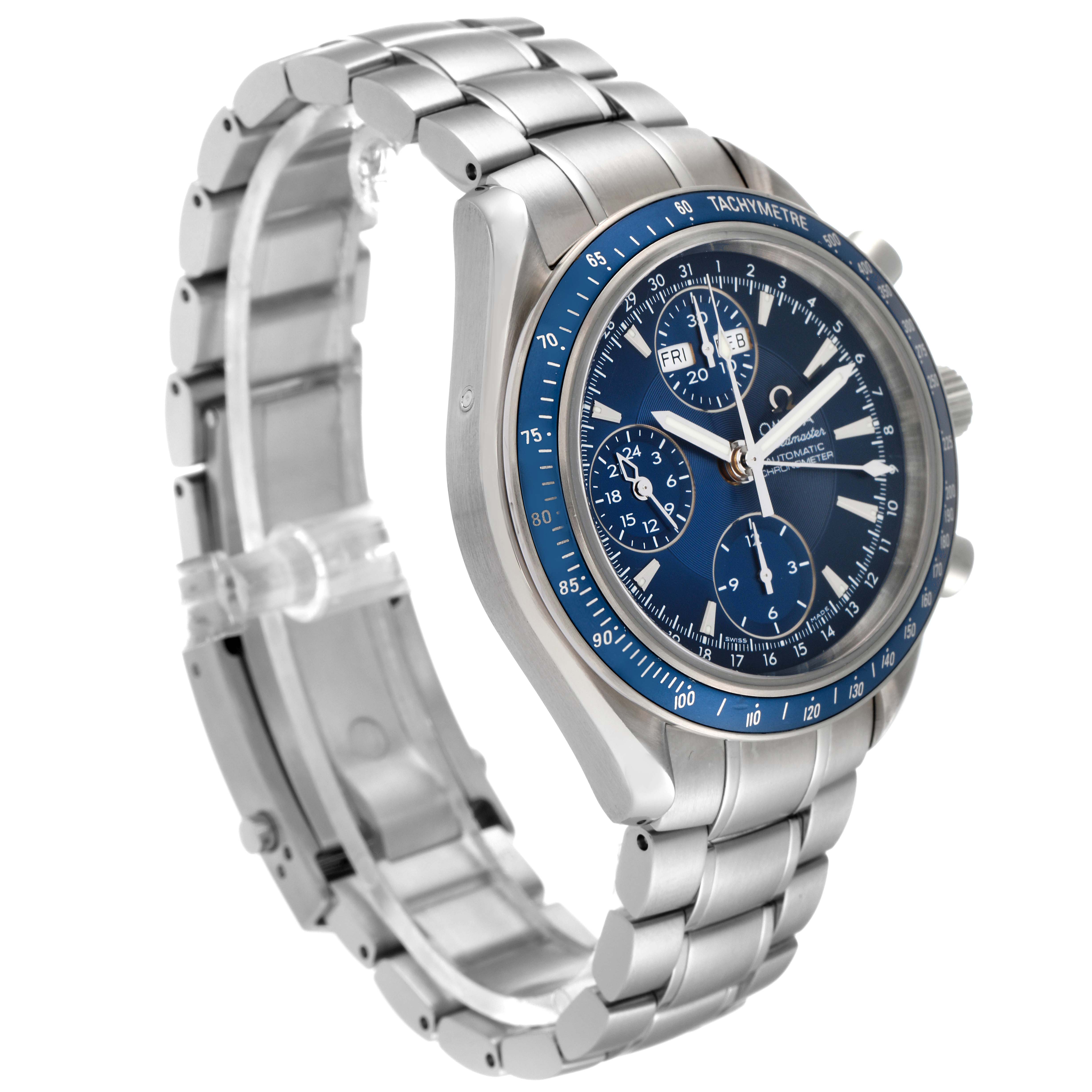 This image shows the side view of an Omega Speedmaster 3222.80.00 Men's Stainless Steel Blue Dial 3222.80.00 Men's Stainless Steel Blue Dial watch, highlighting its bracelet, case, and dial with tachymeter bezel.