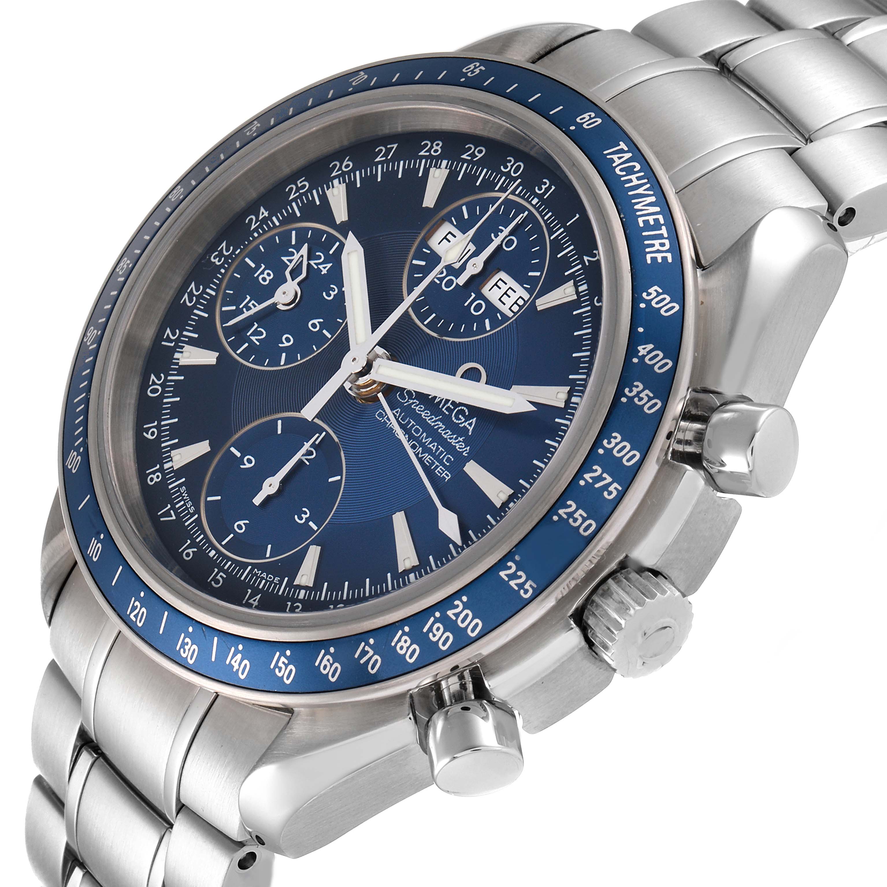 The Omega Speedmaster 3222.80.00 Men's Stainless Steel Blue Dial 3222.80.00 Men's Stainless Steel Blue Dial watch is shown from a front-side angle, showcasing its face, bezel, and stainless steel bracelet.