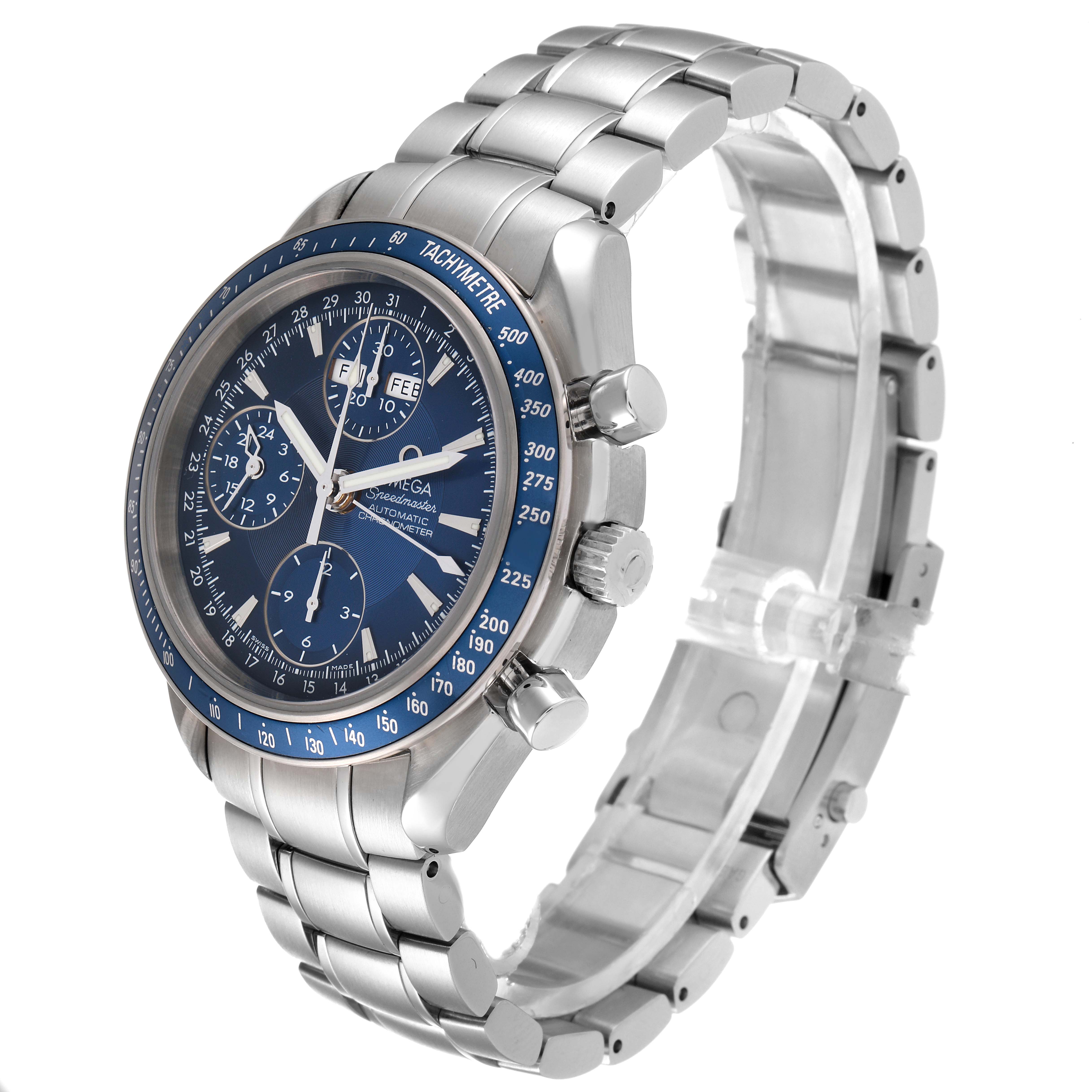 The image shows an angled side view of an Omega Speedmaster 3222.80.00 Men's Stainless Steel Blue Dial 3222.80.00 Men's Stainless Steel Blue Dial watch, featuring the watch face, crown, pushers, and metal bracelet.