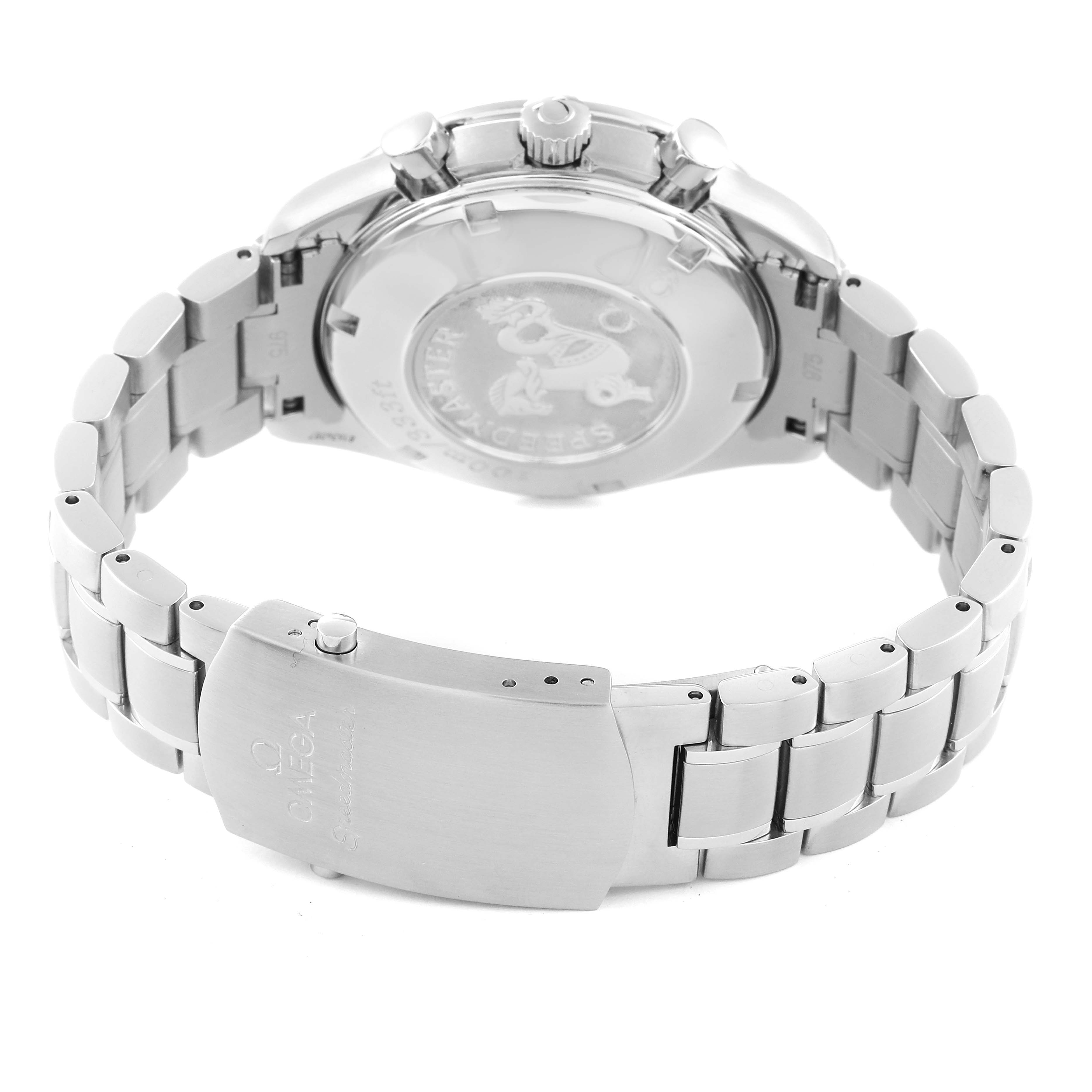 This image shows the back case and stainless steel bracelet of an Omega Speedmaster 3222.80.00 Men's Stainless Steel Blue Dial 3222.80.00 Men's Stainless Steel Blue Dial watch from a rear angle.