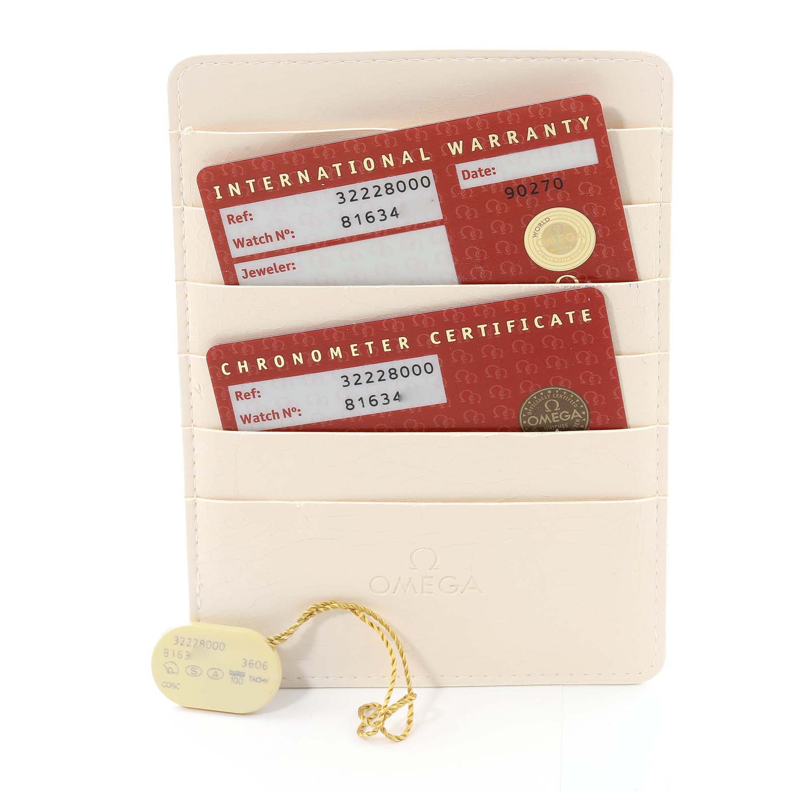 The image shows the warranty and chronometer certificate cards along with a tag for the Omega Speedmaster 3222.80.00 Men's Stainless Steel Blue Dial 3222.80.00 Men's Stainless Steel Blue Dial watch.