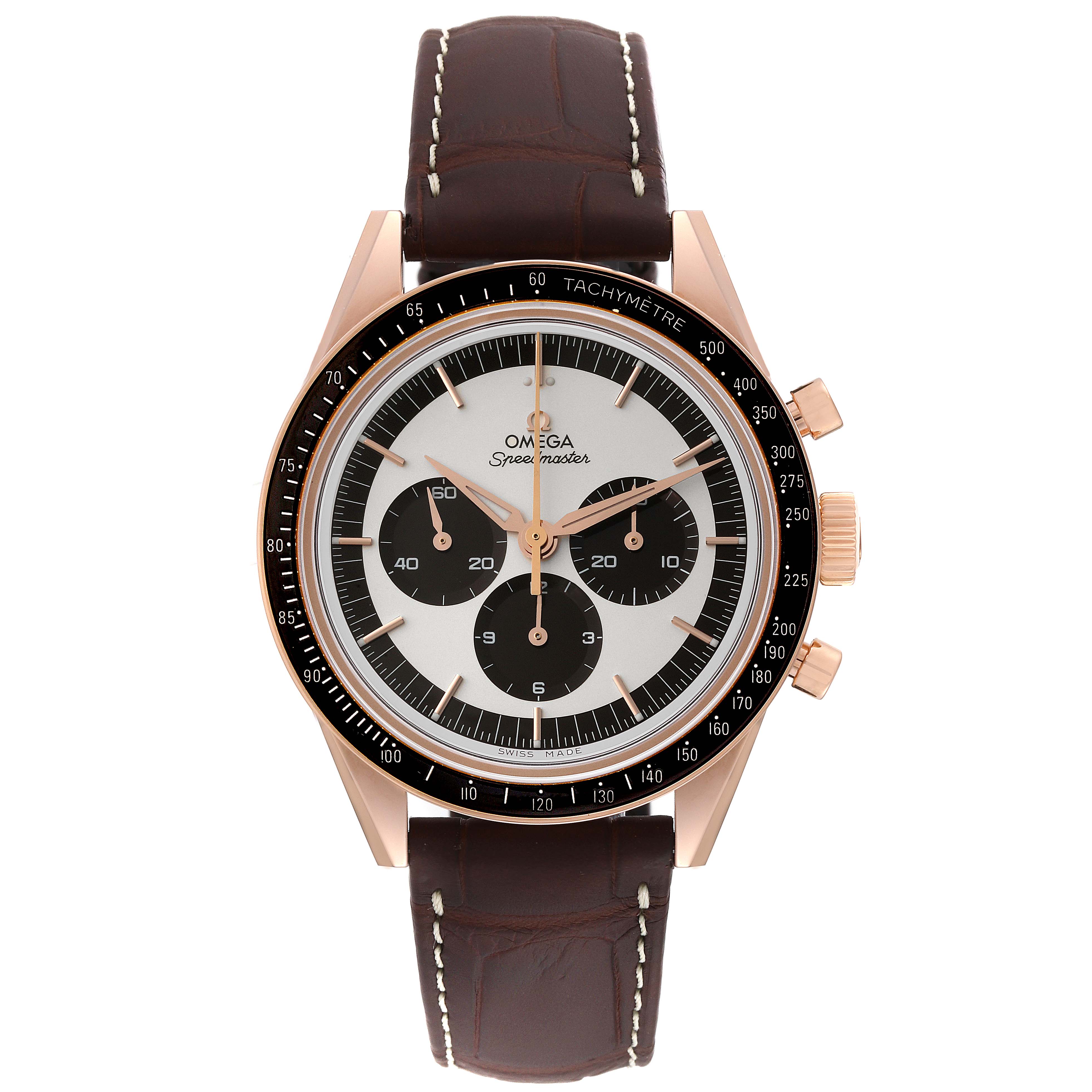 This image shows a front view of an Omega Speedmaster 311.63.40.30.02.001 Men's Rose Gold Silver Dial 311.63.40.30.02.001 Men's Rose Gold Silver Dial watch with a brown leather strap.