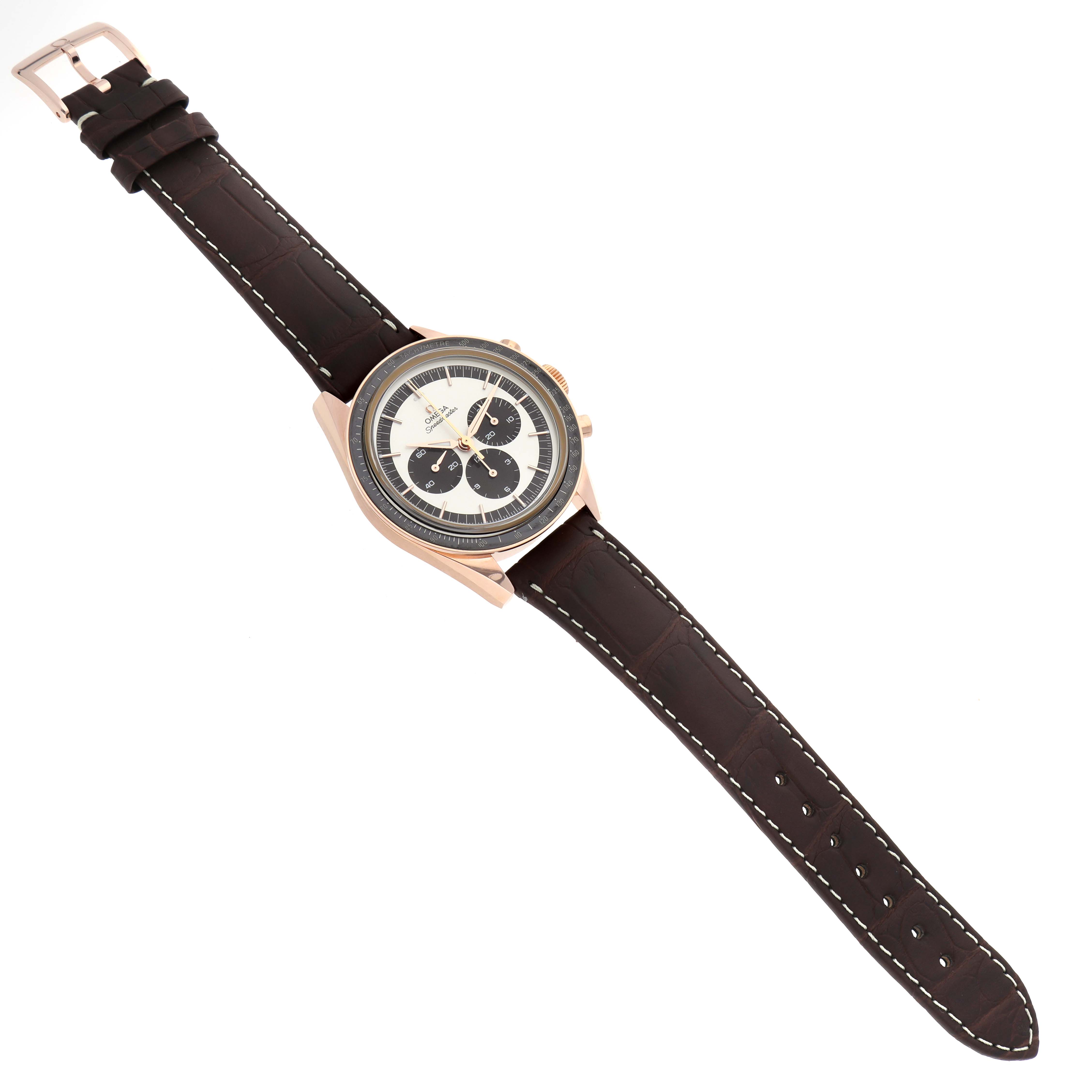 This image shows an Omega Speedmaster 311.63.40.30.02.001 Men's Rose Gold Silver Dial 311.63.40.30.02.001 Men's Rose Gold Silver Dial watch from a top-down angle, highlighting its face, bezel, crown, and leather strap.