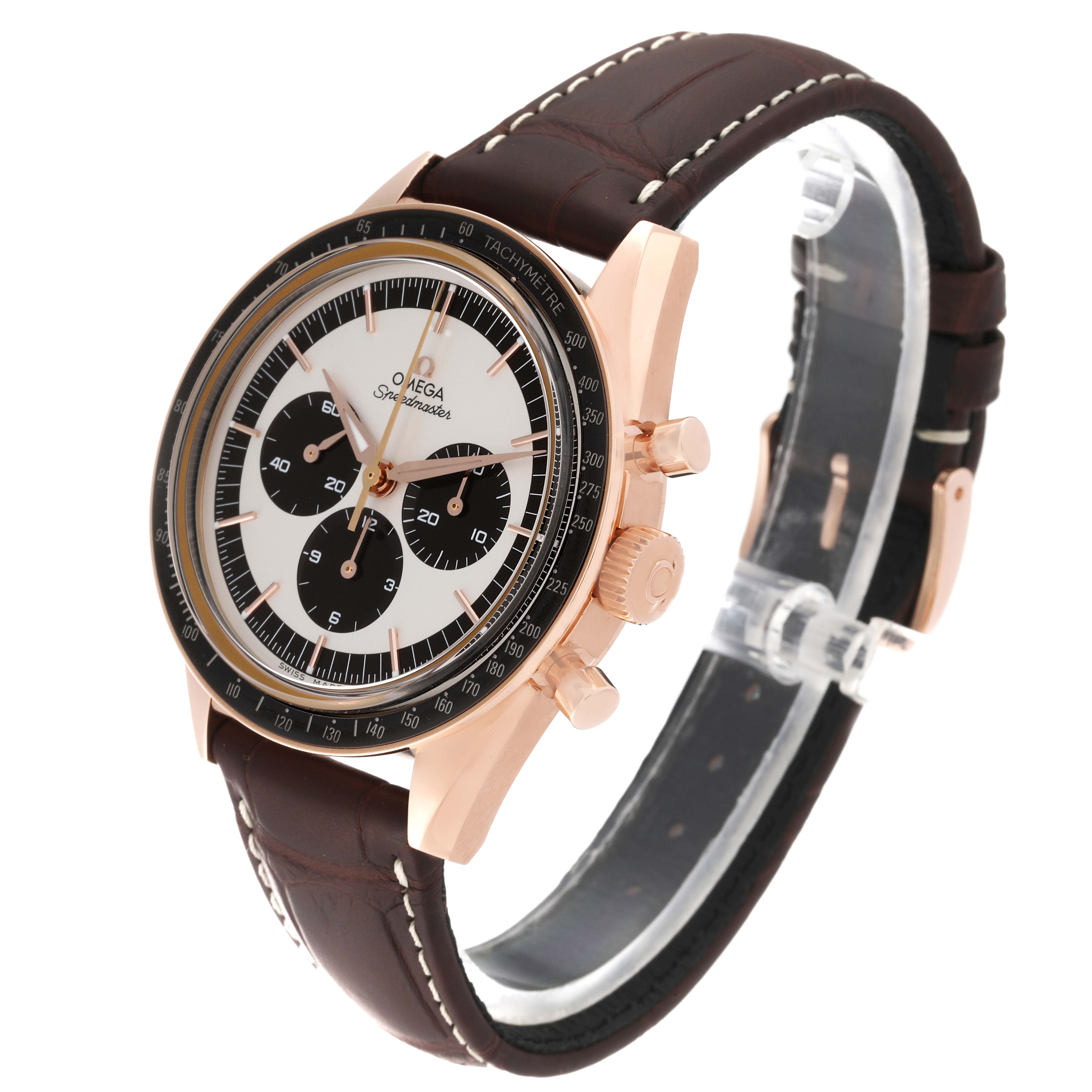 The image shows an Omega Speedmaster 311.63.40.30.02.001 Men's Rose Gold Silver Dial 311.63.40.30.02.001 Men's Rose Gold Silver Dial watch at a three-quarter angle, highlighting the face, crown, pushers, and leather strap.