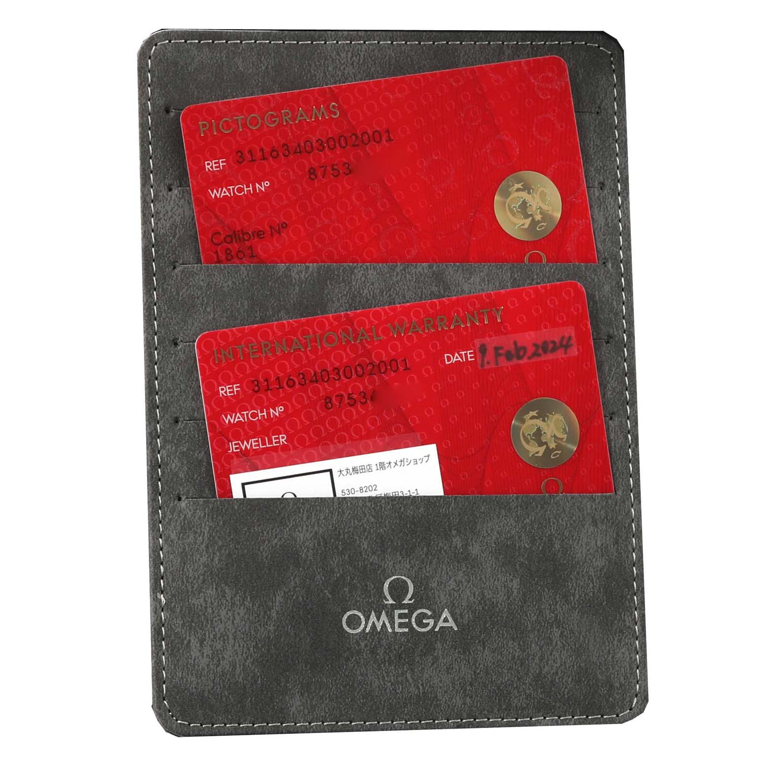 The image shows the international warranty and pictograms cards for the Omega Speedmaster 311.63.40.30.02.001 Men's Rose Gold Silver Dial 311.63.40.30.02.001 Men's Rose Gold Silver Dial, placed in a branded cardholder.