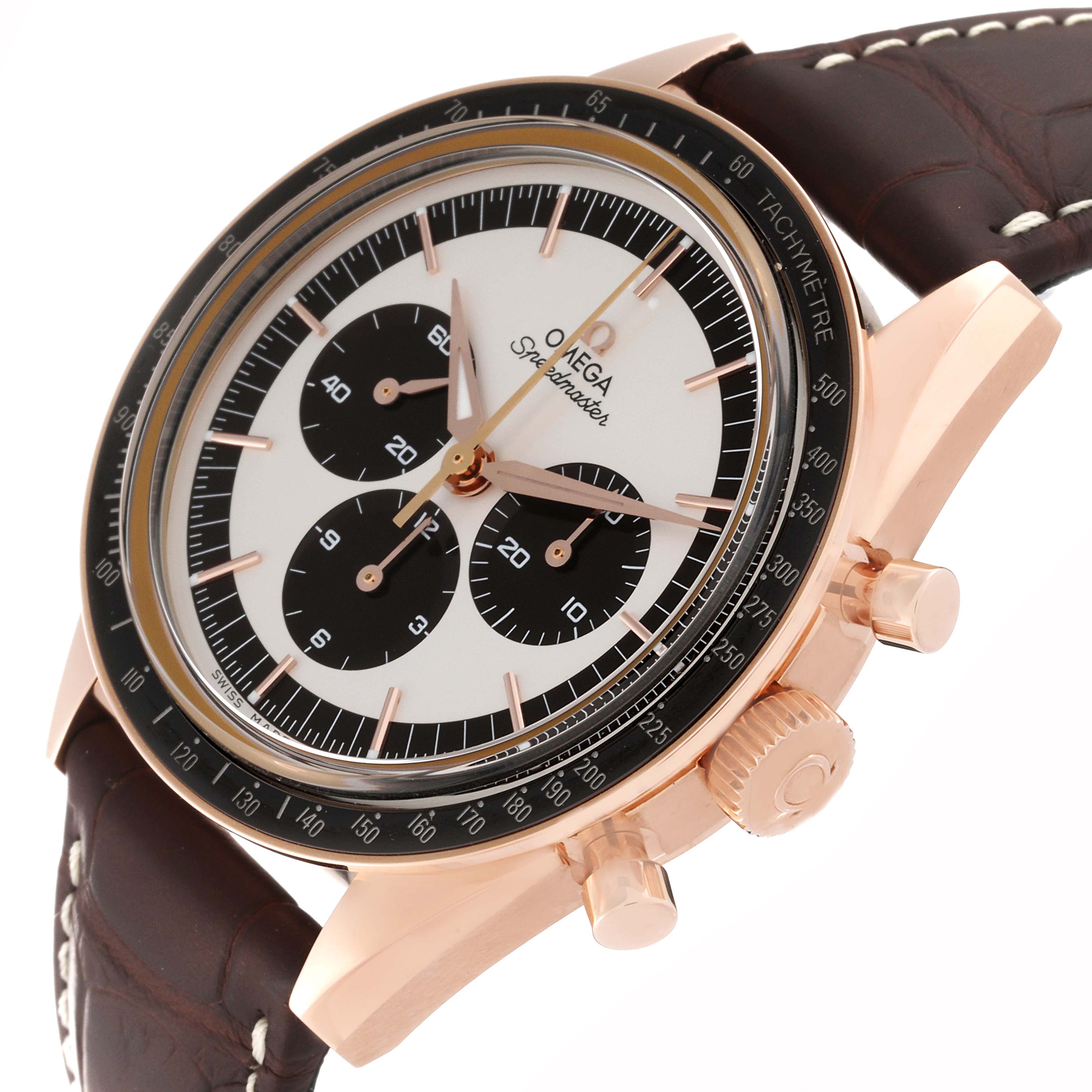 The image shows an angled view of an Omega Speedmaster 311.63.40.30.02.001 Men's Rose Gold Silver Dial 311.63.40.30.02.001 Men's Rose Gold Silver Dial watch, highlighting the dial, bezel, crown, and brown leather strap.