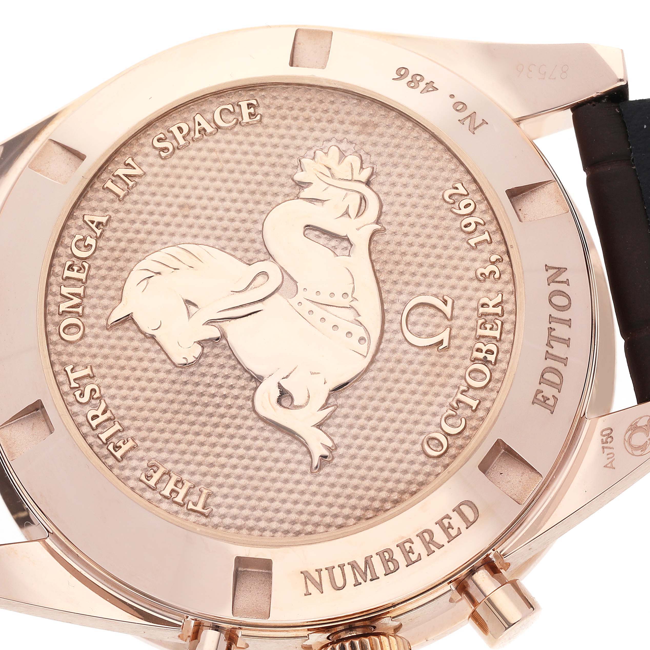 This image shows the engraved case back of an Omega Speedmaster 311.63.40.30.02.001 Men's Rose Gold Silver Dial 311.63.40.30.02.001 Men's Rose Gold Silver Dial watch, highlighting its "First Omega in Space" edition.