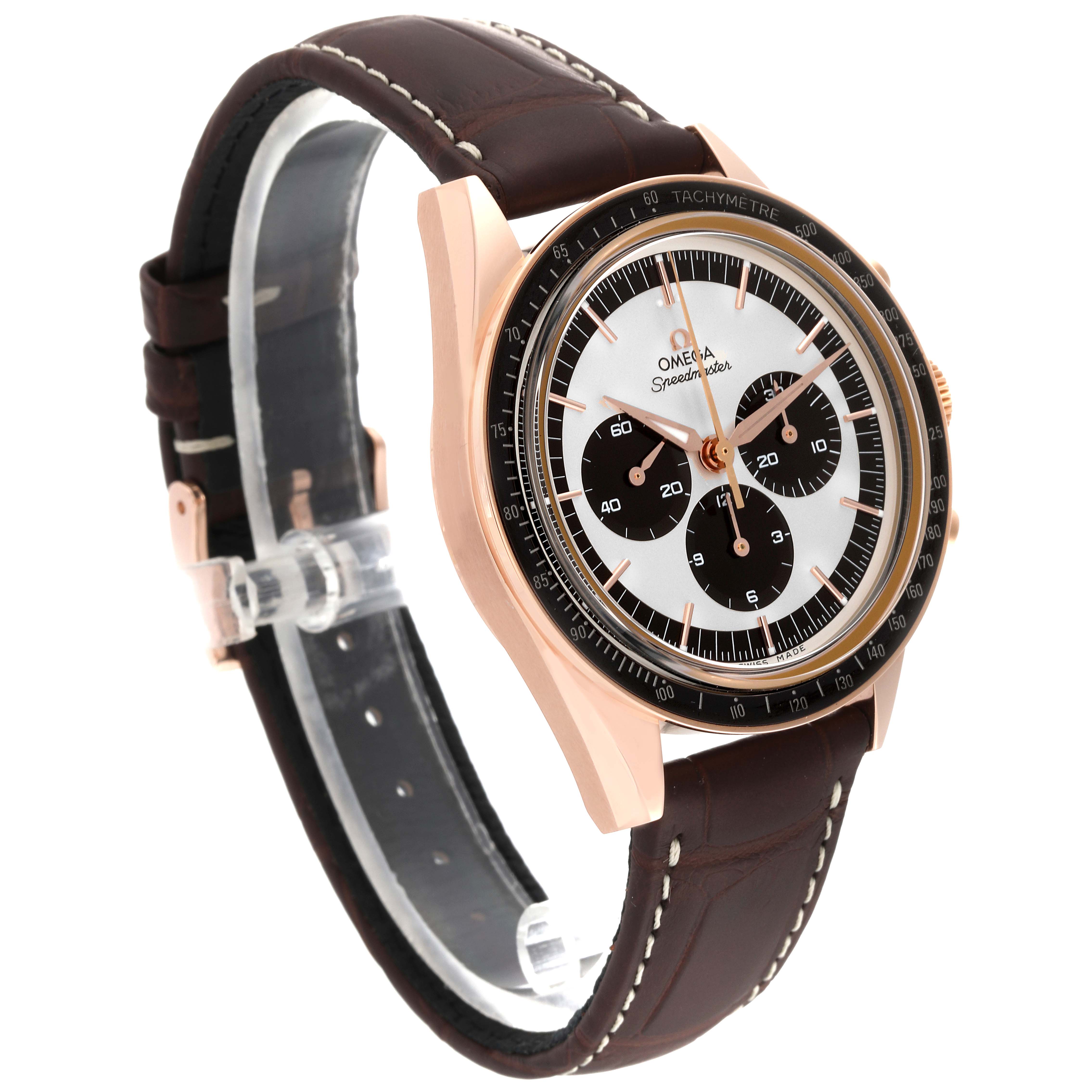 The Omega Speedmaster 311.63.40.30.02.001 Men's Rose Gold Silver Dial 311.63.40.30.02.001 Men's Rose Gold Silver Dial watch is shown from a three-quarter angle, displaying the dial, bezel, case, and strap.