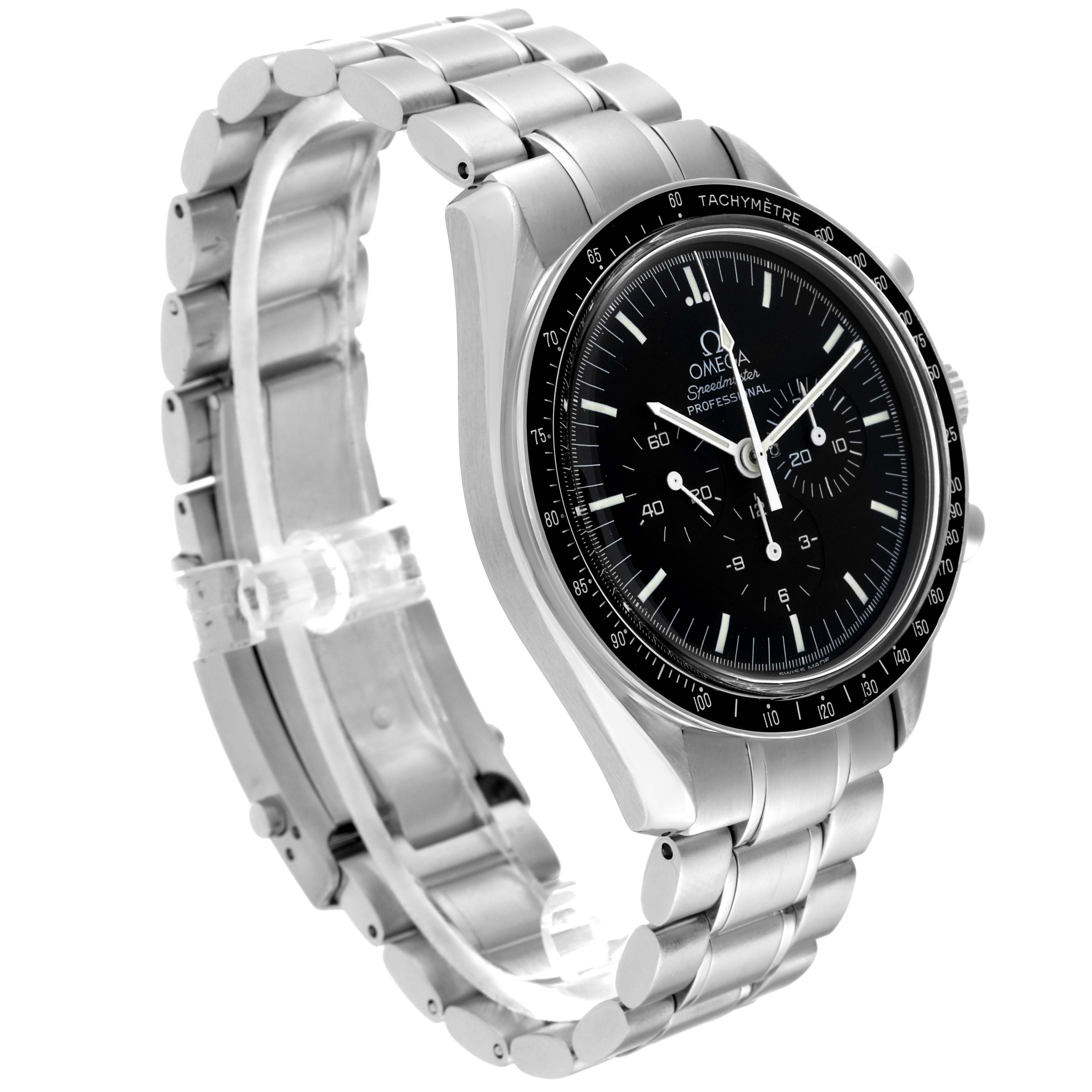 The Omega Speedmaster 3572.50.00 Men
s Stainless Steel Black Dial 3572.50.00 Men
s Stainless Steel Black Dial watch is shown at a left-side angle, displaying its black dial, bezel, and metal bracelet.