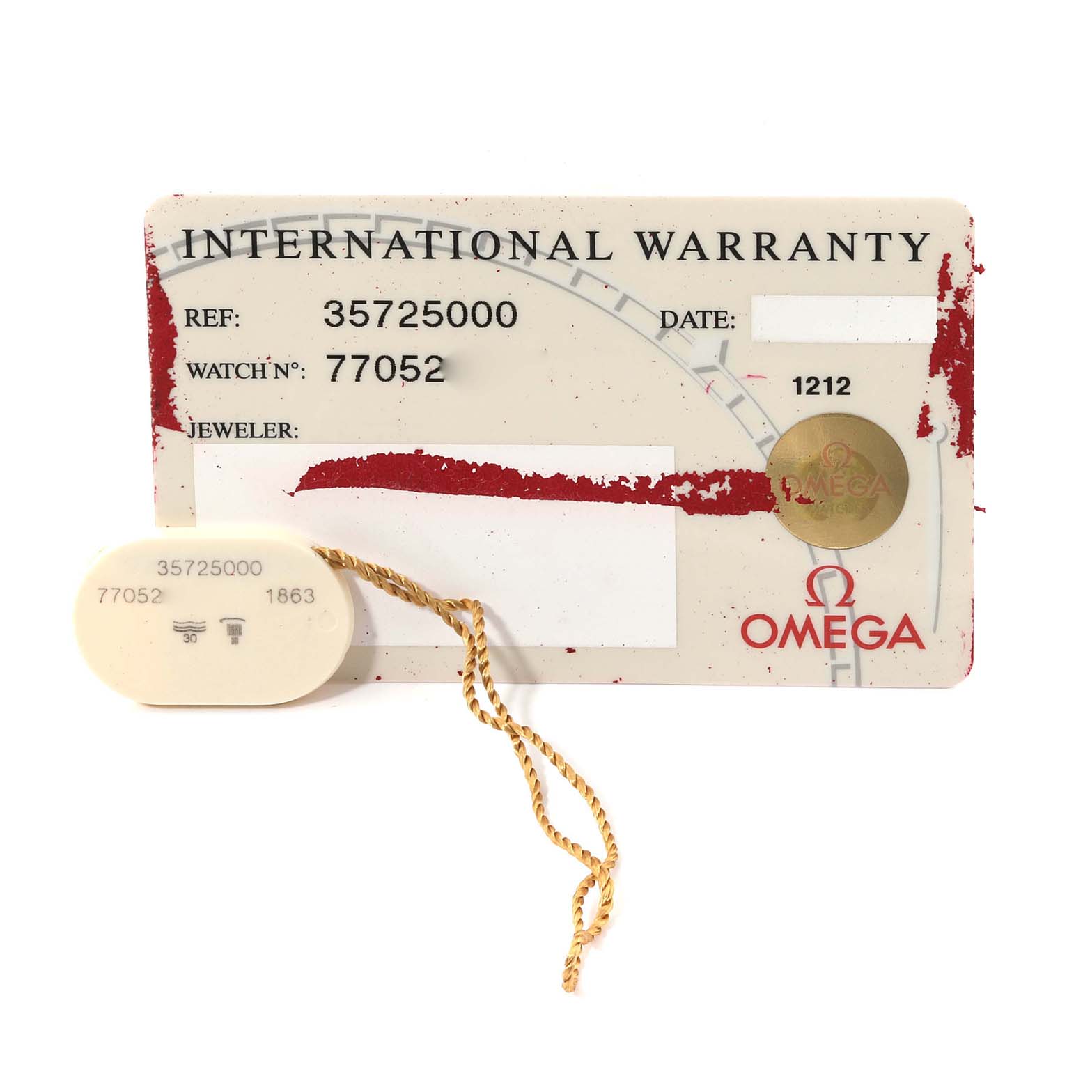 This image shows the international warranty card and tag for an Omega Speedmaster 3572.50.00 Men
s Stainless Steel Black Dial 3572.50.00 Men
s Stainless Steel Black Dial watch.