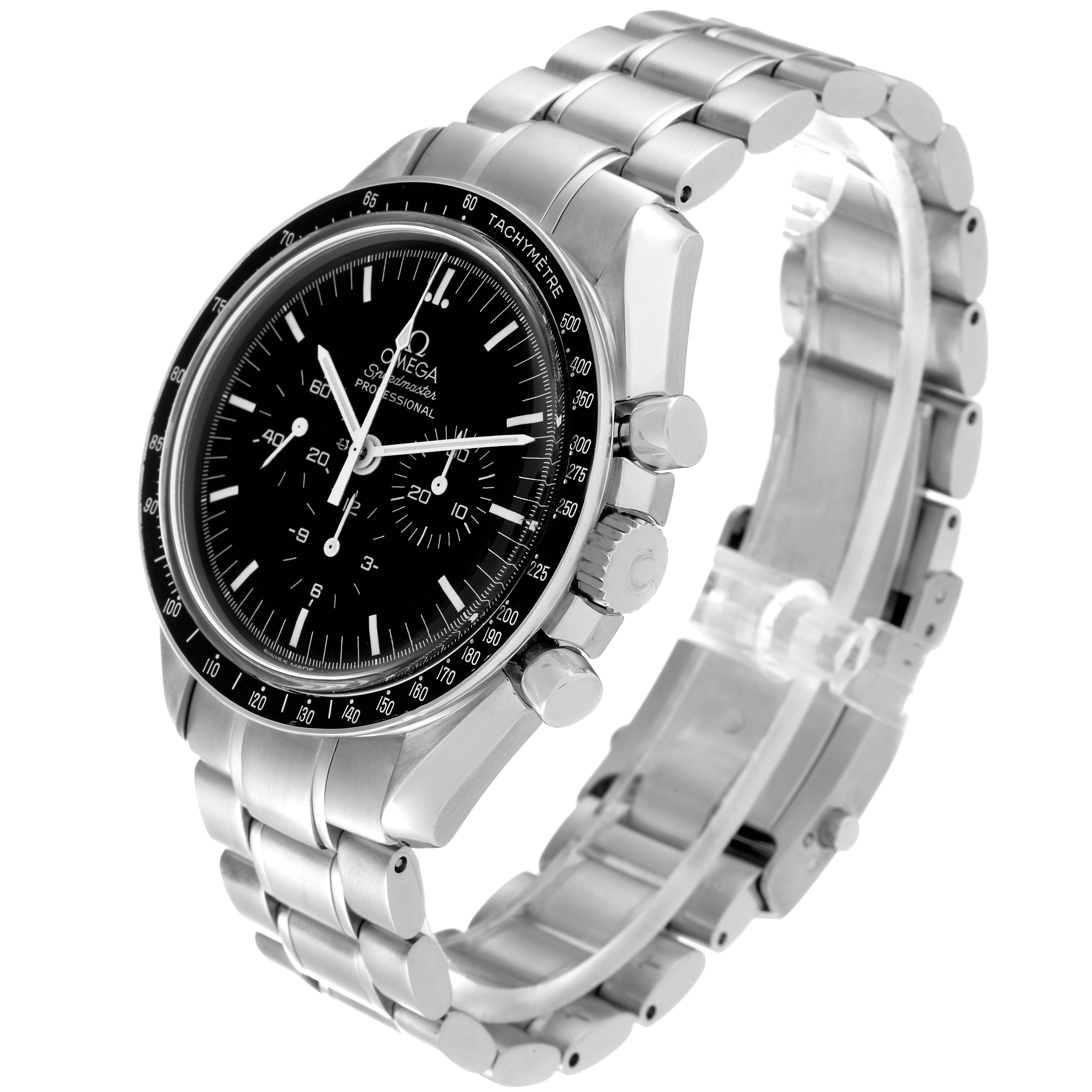 The Omega Speedmaster 3572.50.00 Men
s Stainless Steel Black Dial 3572.50.00 Men
s Stainless Steel Black Dial watch is shown from an oblique angle, displaying its face, bezel, crown, pushers, and metal bracelet.