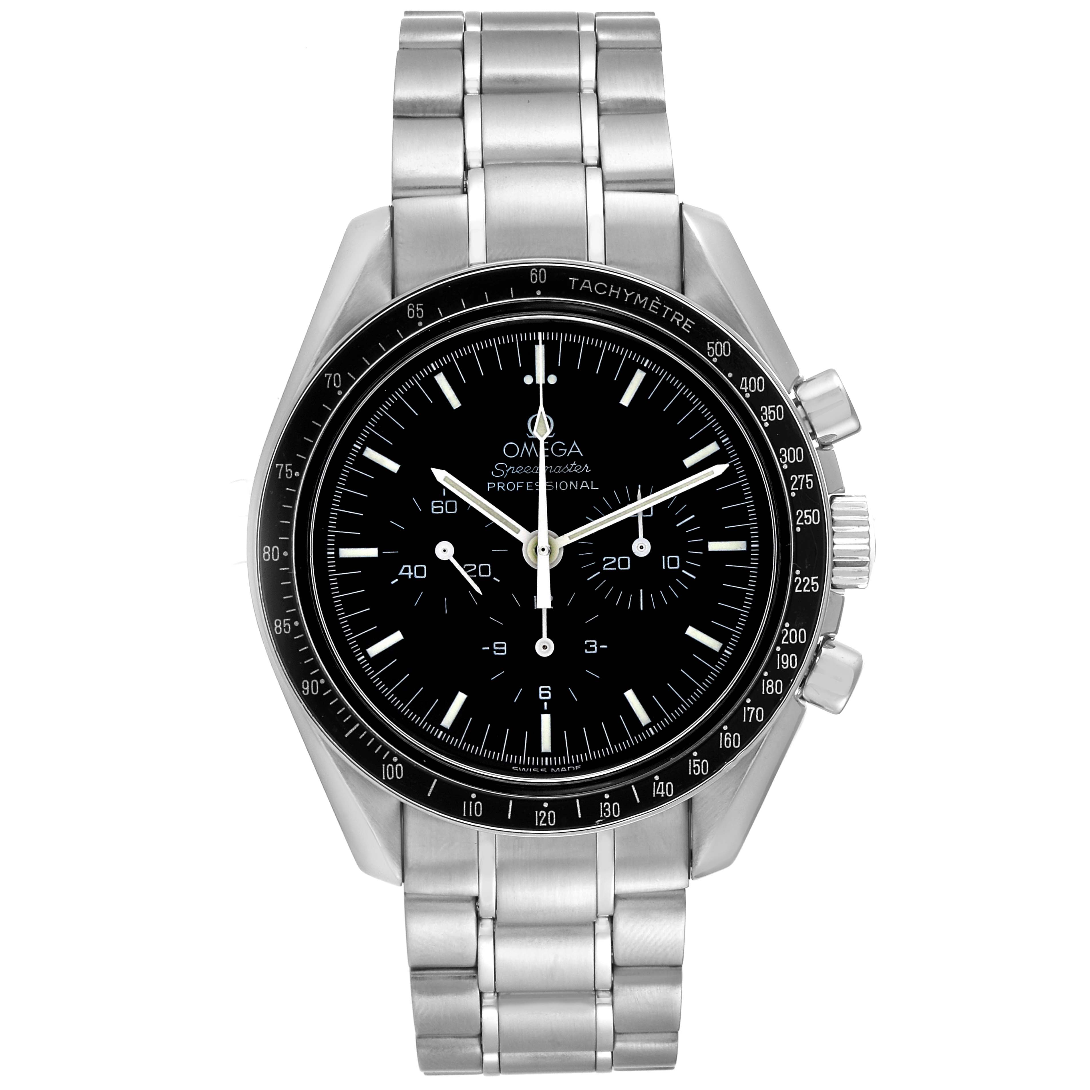 The Omega Speedmaster 3572.50.00 Men
s Stainless Steel Black Dial 3572.50.00 Men
s Stainless Steel Black Dial watch is shown from a front angle, displaying its dial, bezel, and metal bracelet.