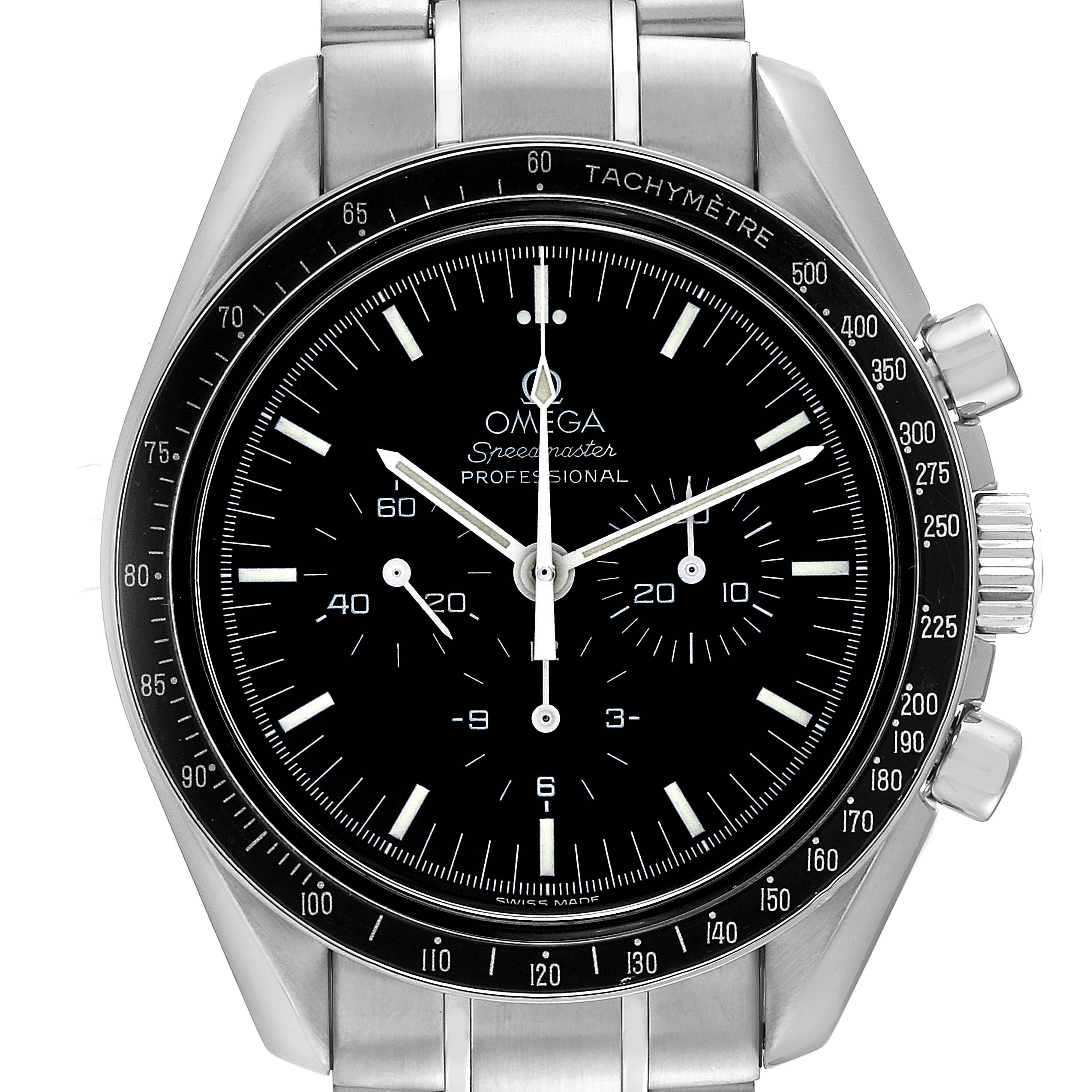 The Omega Speedmaster 3572.50.00 Men
s Stainless Steel Black Dial 3572.50.00 Men
s Stainless Steel Black Dial watch is shown from a front angle, featuring its black dial, tachymeter bezel, and stainless steel bracelet.