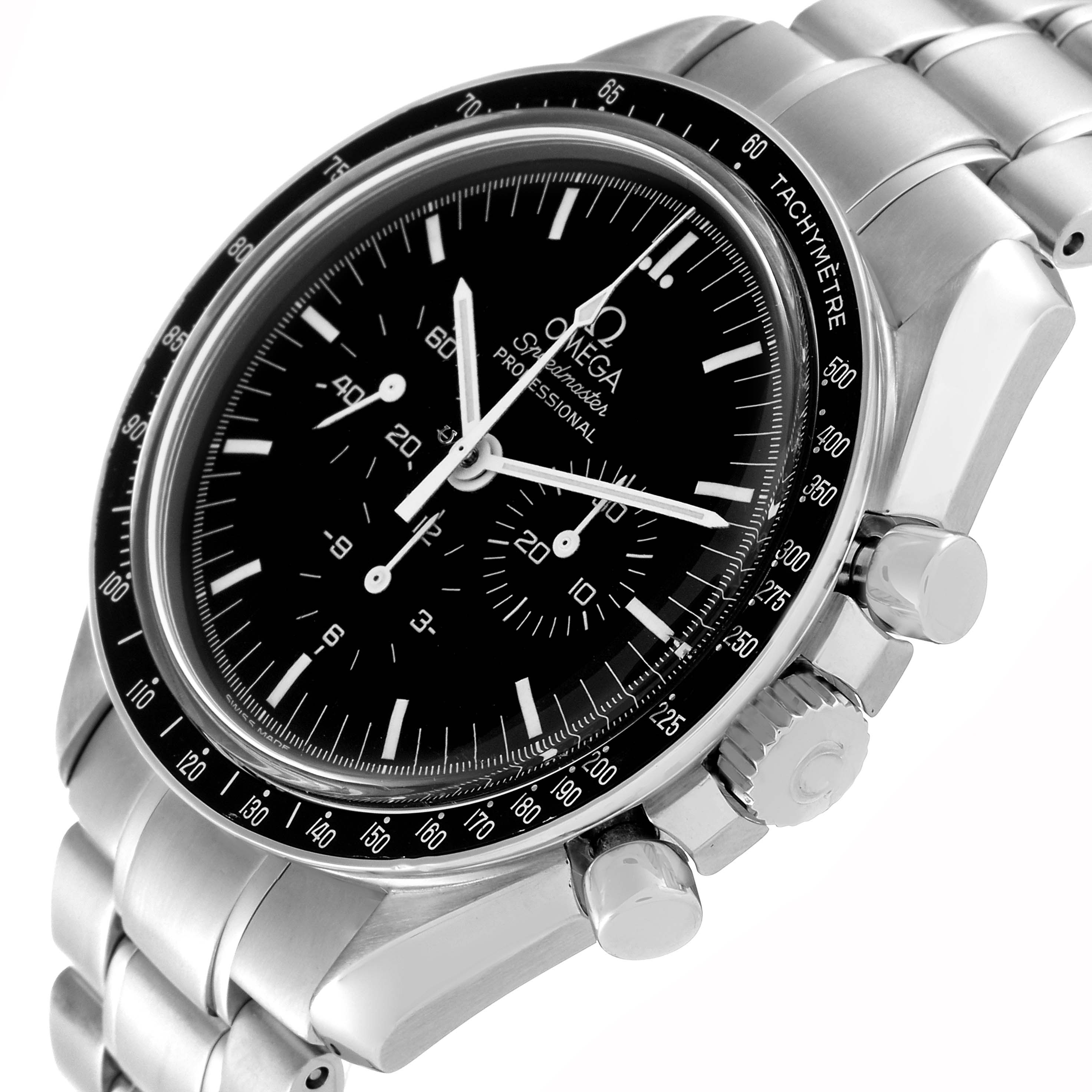 The Omega Speedmaster 3572.50.00 Men
s Stainless Steel Black Dial 3572.50.00 Men
s Stainless Steel Black Dial watch is shown at an angled close-up, highlighting the dial, crown, bezel, and bracelet.