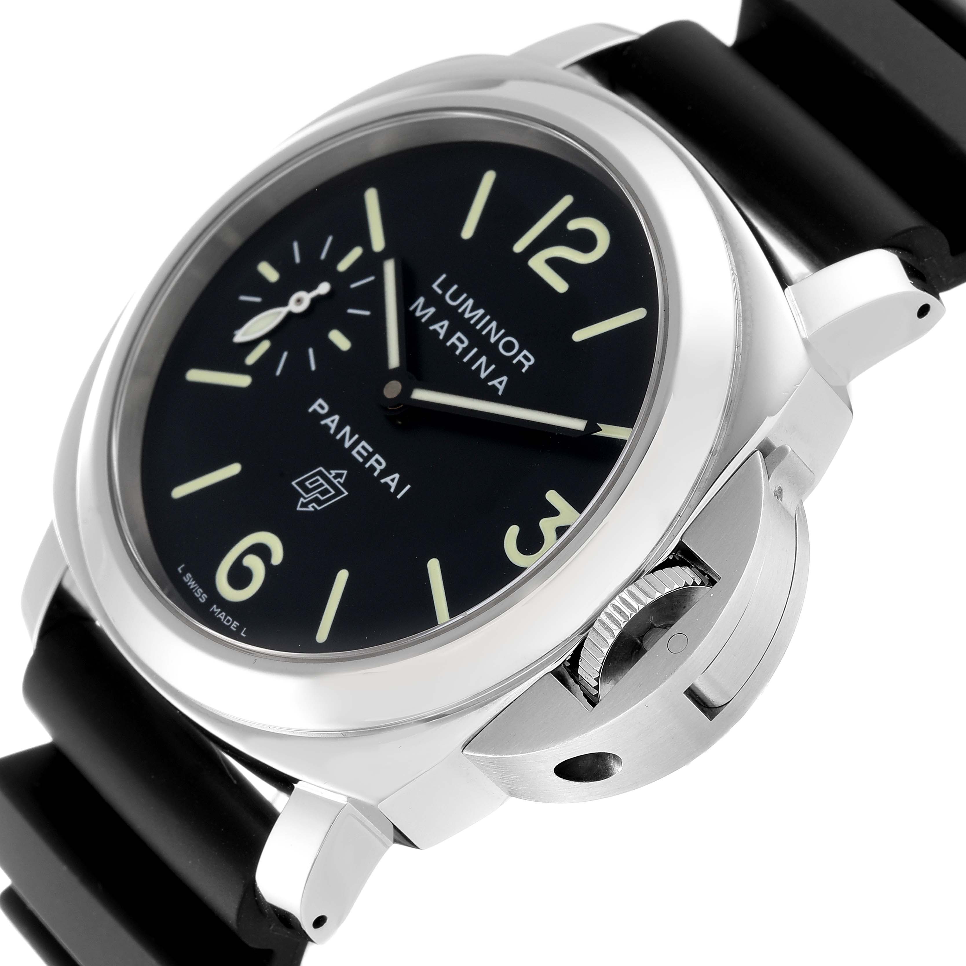 The Panerai Luminor PAM01005 Men
s Stainless Steel Black Dial PAM01005 Men
s Stainless Steel Black Dial watch is shown from an angled side view, highlighting the crown guard and black dial.