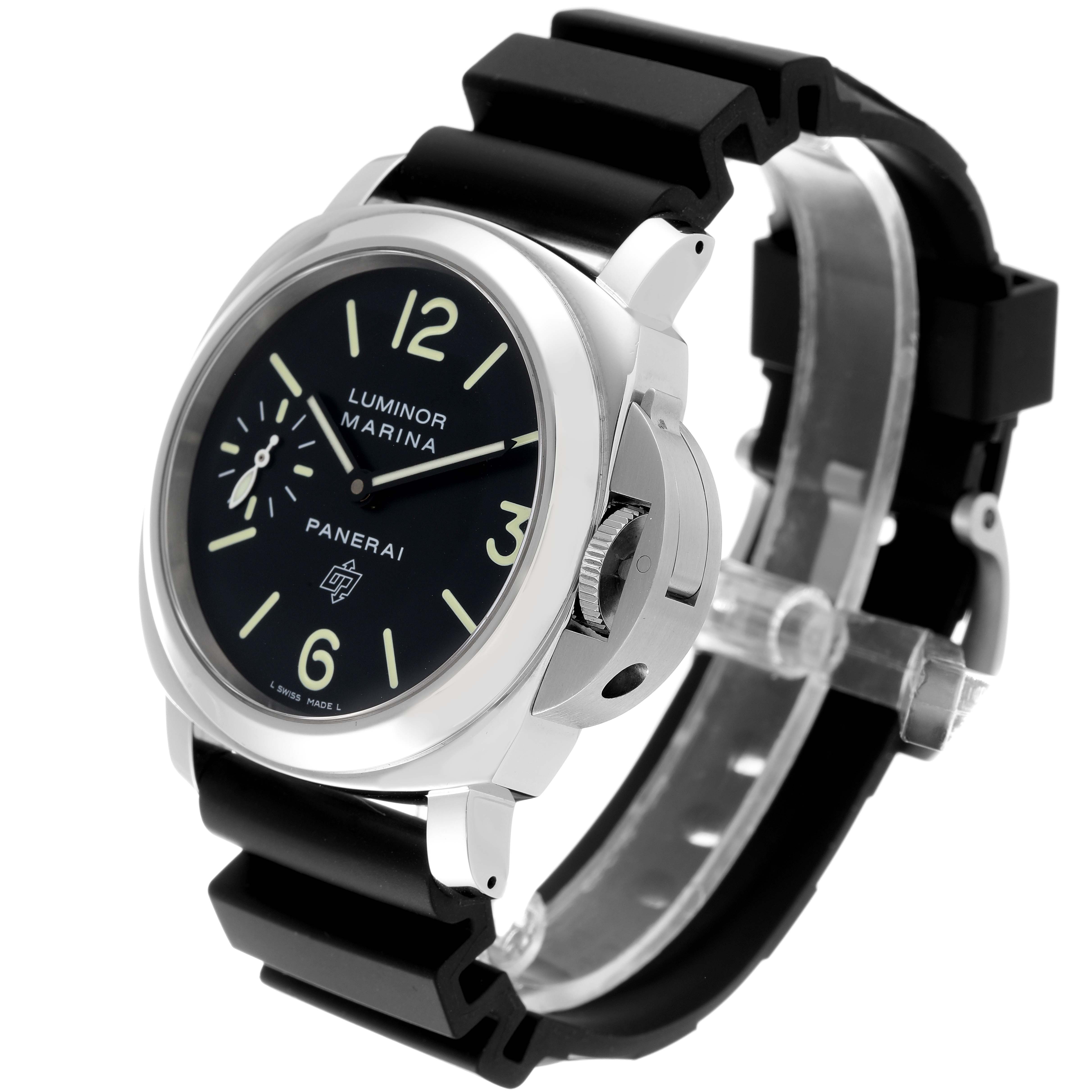 The image shows a Panerai Luminor PAM01005 Men
s Stainless Steel Black Dial PAM01005 Men
s Stainless Steel Black Dial Marina watch from a three-quarter angled view, highlighting its dial, crown guard, and rubber strap.