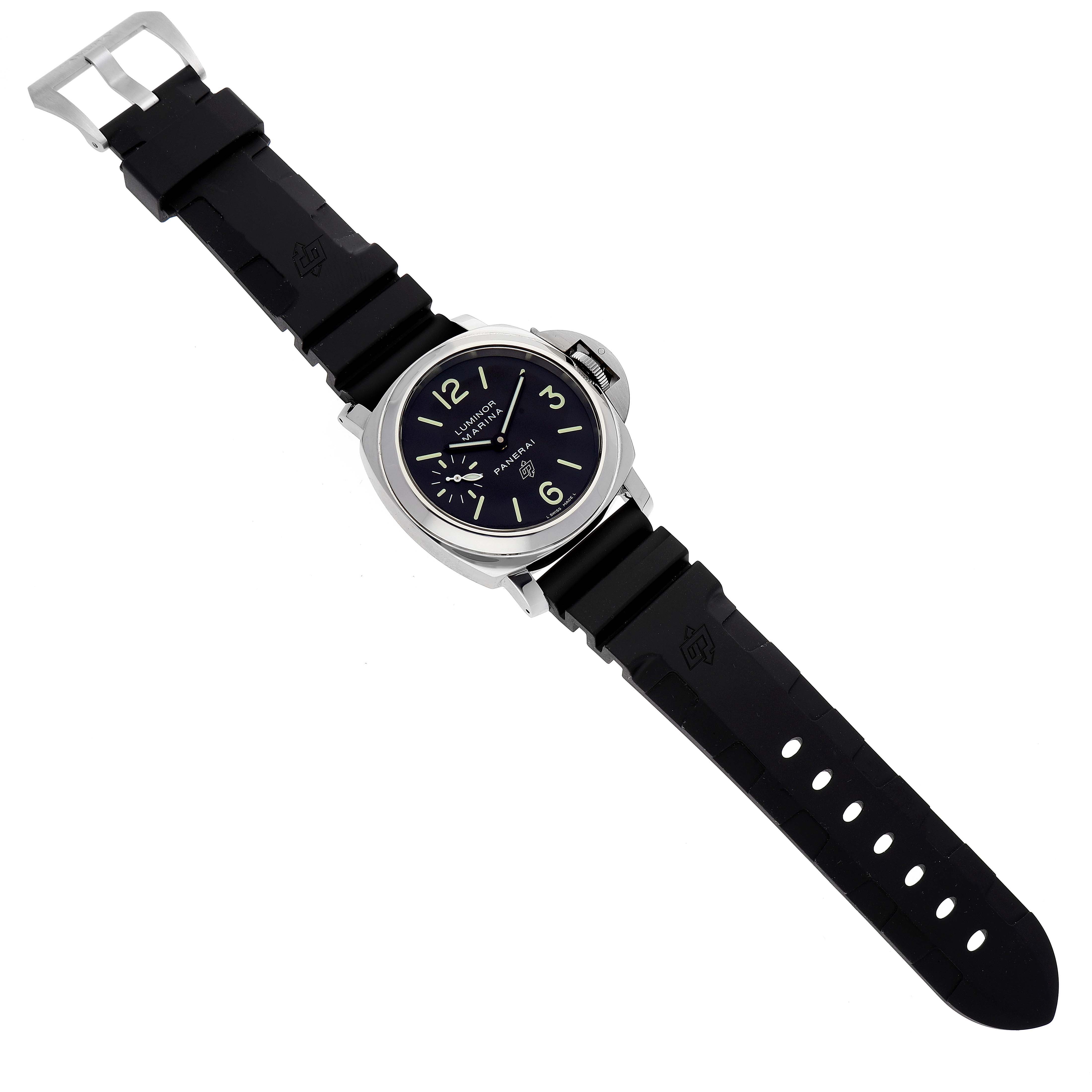 The image shows a Panerai Luminor PAM01005 Men
s Stainless Steel Black Dial PAM01005 Men
s Stainless Steel Black Dial watch from an overhead angle, featuring its black strap, silver case, and dial.