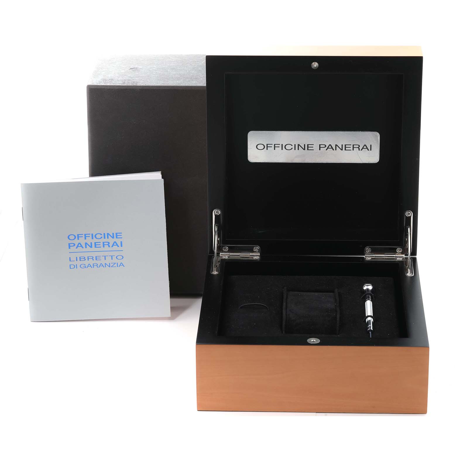 The image shows an open box for a Panerai Luminor PAM01005 Men
s Stainless Steel Black Dial PAM01005 Men
s Stainless Steel Black Dial watch and an accompanying instruction manual.