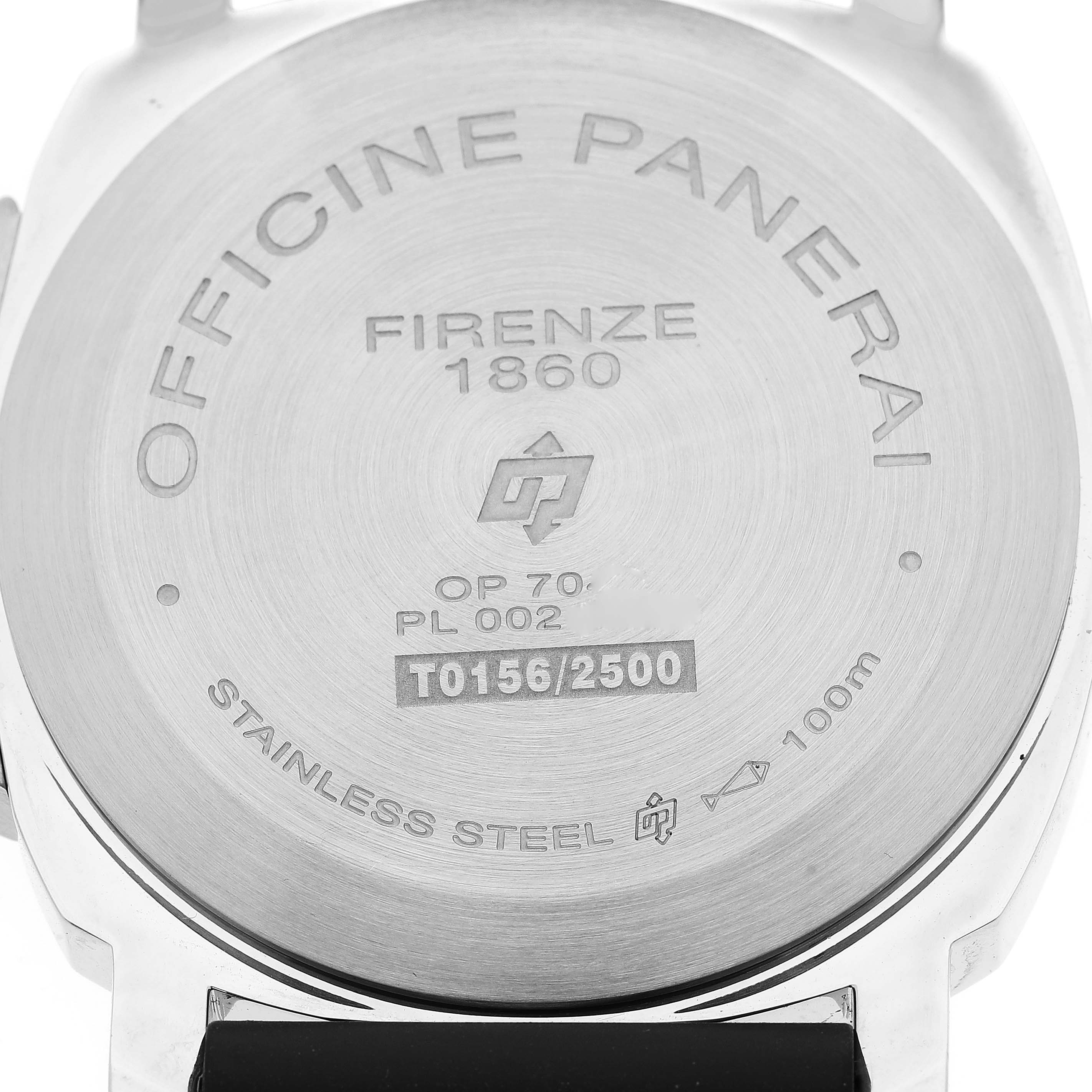 The image shows the back case of a Panerai Luminor PAM01005 Men
s Stainless Steel Black Dial PAM01005 Men
s Stainless Steel Black Dial watch, showcasing its engraving details and model information.