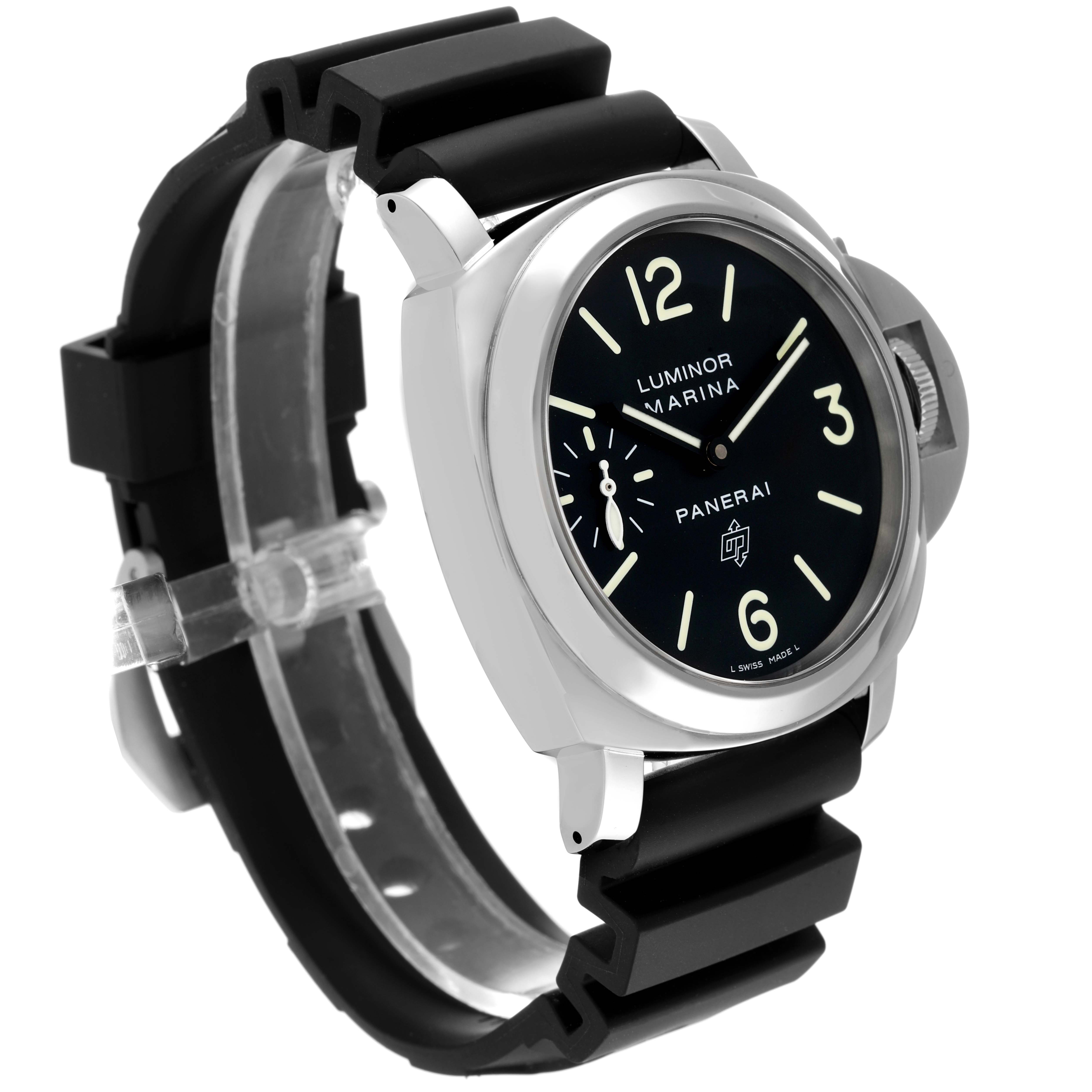 The Panerai Luminor PAM01005 Men
s Stainless Steel Black Dial PAM01005 Men
s Stainless Steel Black Dial watch is shown at an angled side view, displaying the face, bezel, crown guard, and black strap.