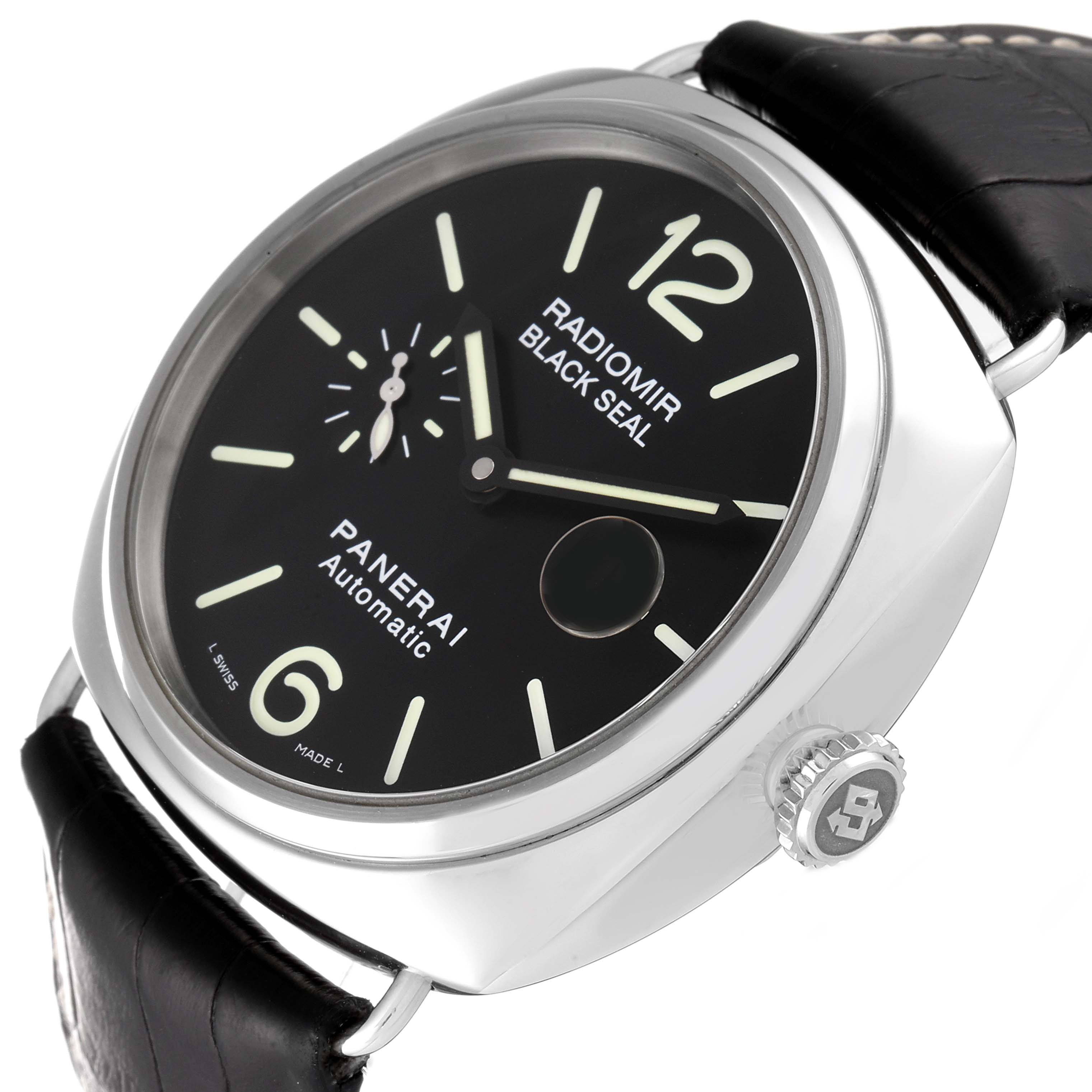 The image shows a Panerai Radiomir PAM00287 Men's Stainless Steel Black Dial PAM00287 Men's Stainless Steel Black Dial Black Seal watch at an angled close-up, highlighting its dial, case, and crown.