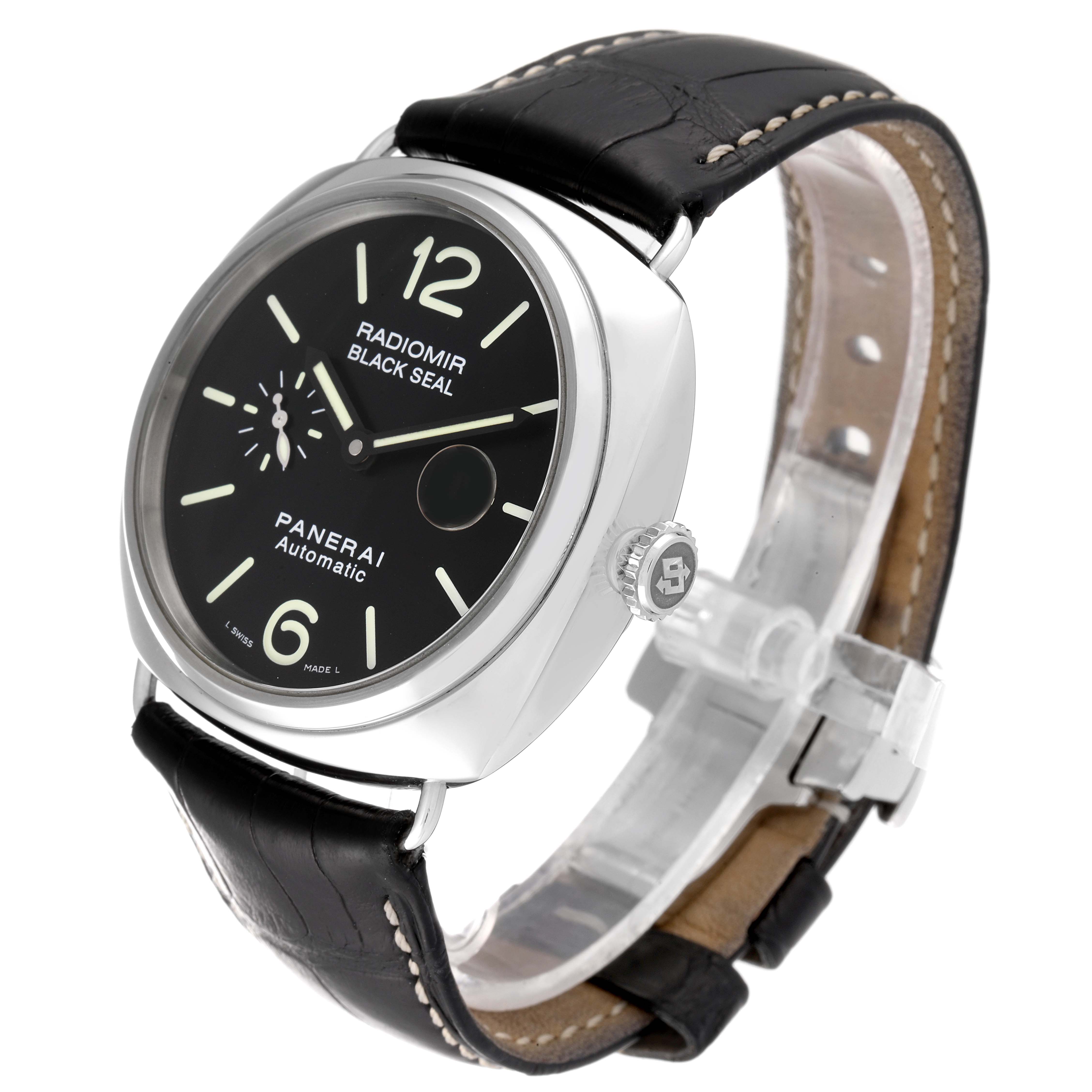 The Panerai Radiomir PAM00287 Men's Stainless Steel Black Dial PAM00287 Men's Stainless Steel Black Dial watch is shown from an oblique angle, highlighting the face, crown, and black leather strap.