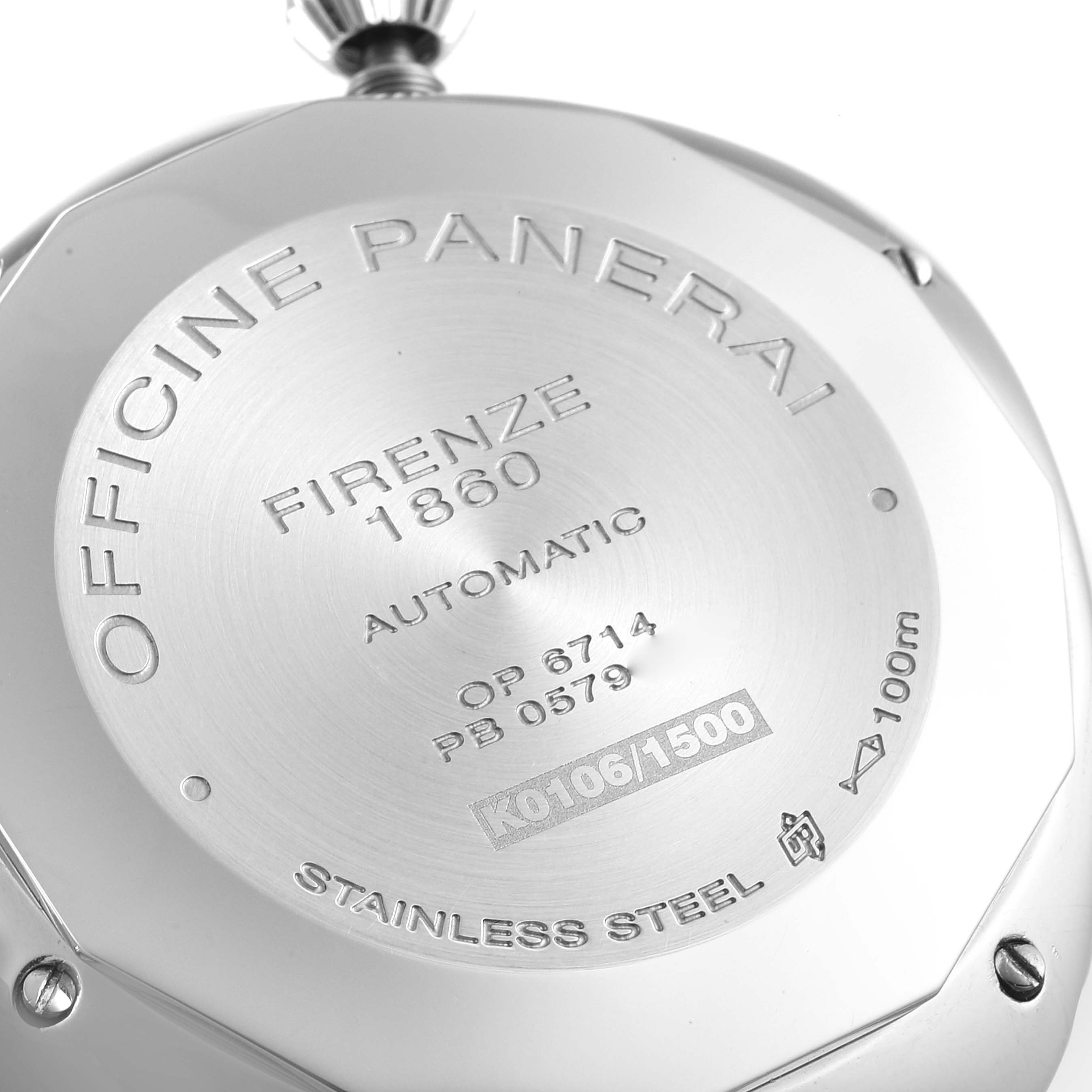 This image shows the back case of a Panerai Radiomir PAM00287 Men's Stainless Steel Black Dial PAM00287 Men's Stainless Steel Black Dial watch, highlighting the engravings and stainless steel material.