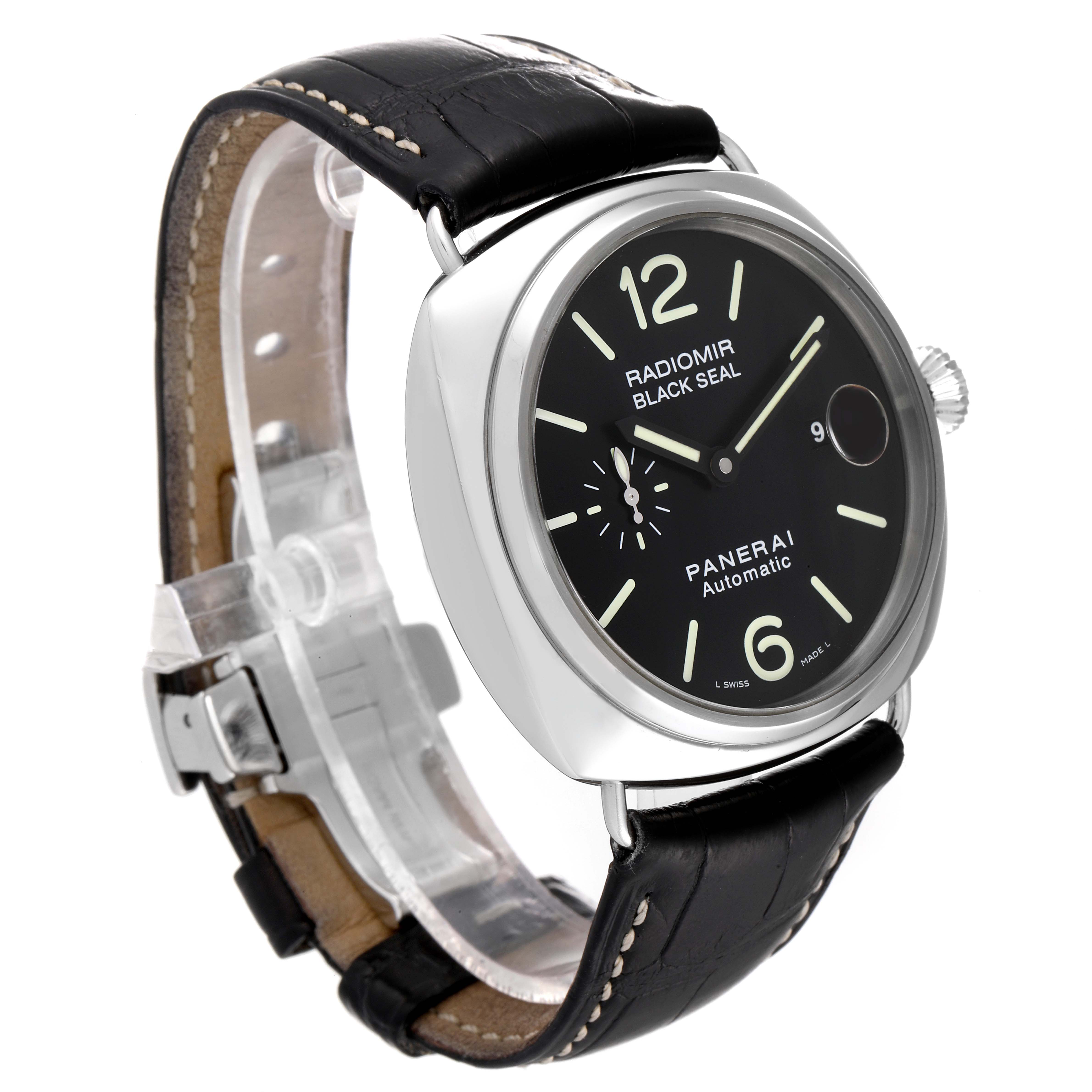 The Panerai Radiomir PAM00287 Men's Stainless Steel Black Dial PAM00287 Men's Stainless Steel Black Dial watch is shown at an angle showcasing the face, crown, and part of the black leather strap.