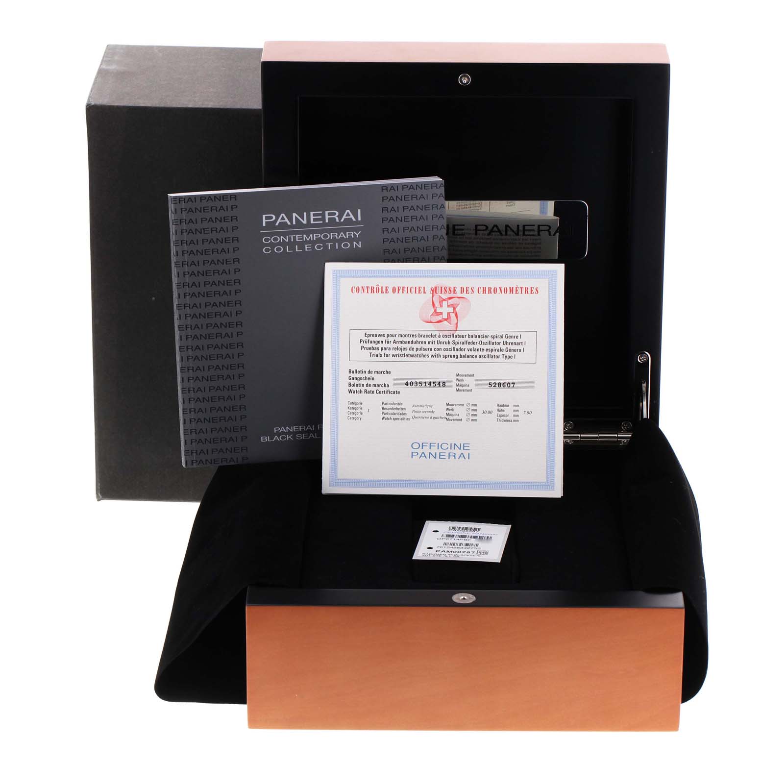 This image shows the Panerai Radiomir PAM00287 Men's Stainless Steel Black Dial PAM00287 Men's Stainless Steel Black Dial watch box and accessories, including manuals and certification documents, from a front angle.
