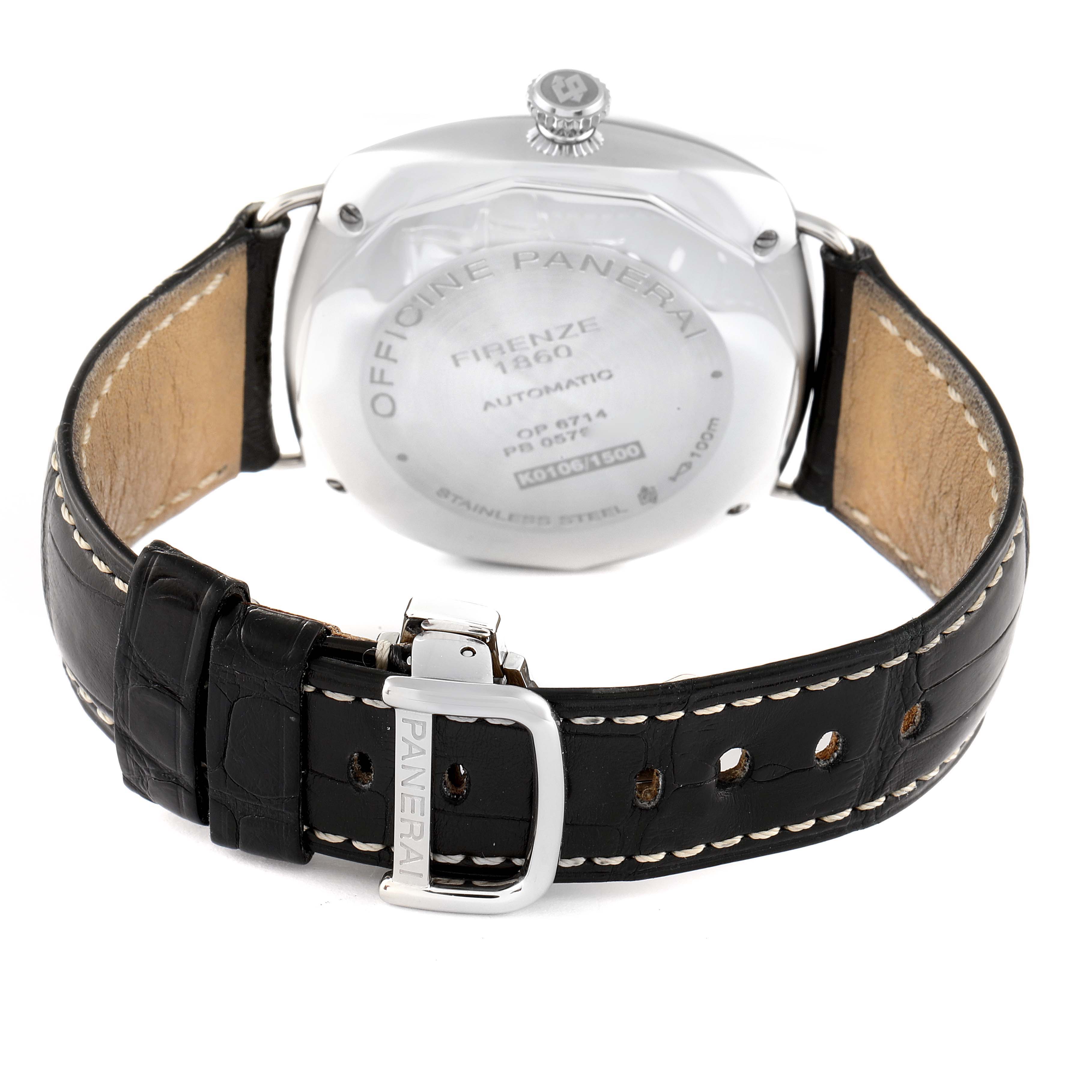 The image shows the back view of a Panerai Radiomir PAM00287 Men's Stainless Steel Black Dial PAM00287 Men's Stainless Steel Black Dial watch, featuring the case back, leather strap, and the buckle.