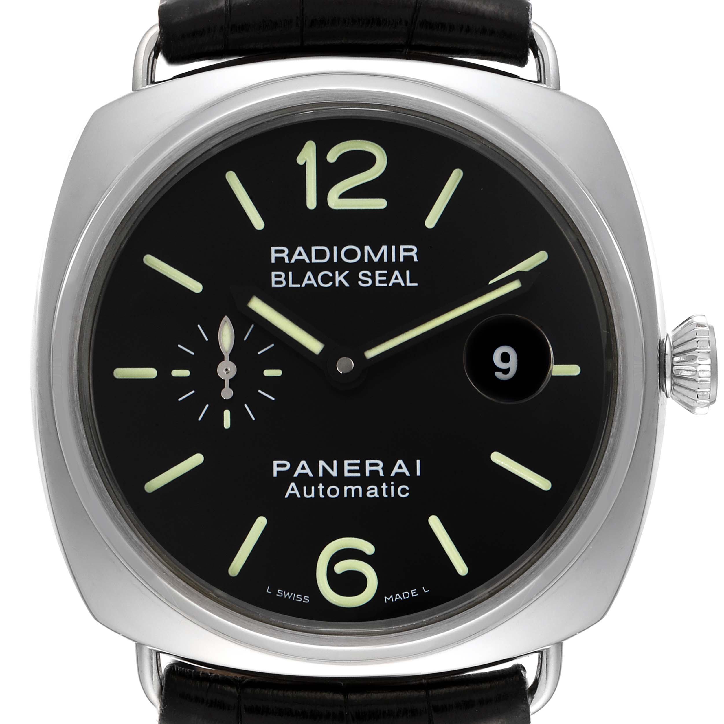 The image shows a front view of a Panerai Radiomir PAM00287 Men's Stainless Steel Black Dial PAM00287 Men's Stainless Steel Black Dial Black Seal watch, displaying its dial, markers, hands, and crown.