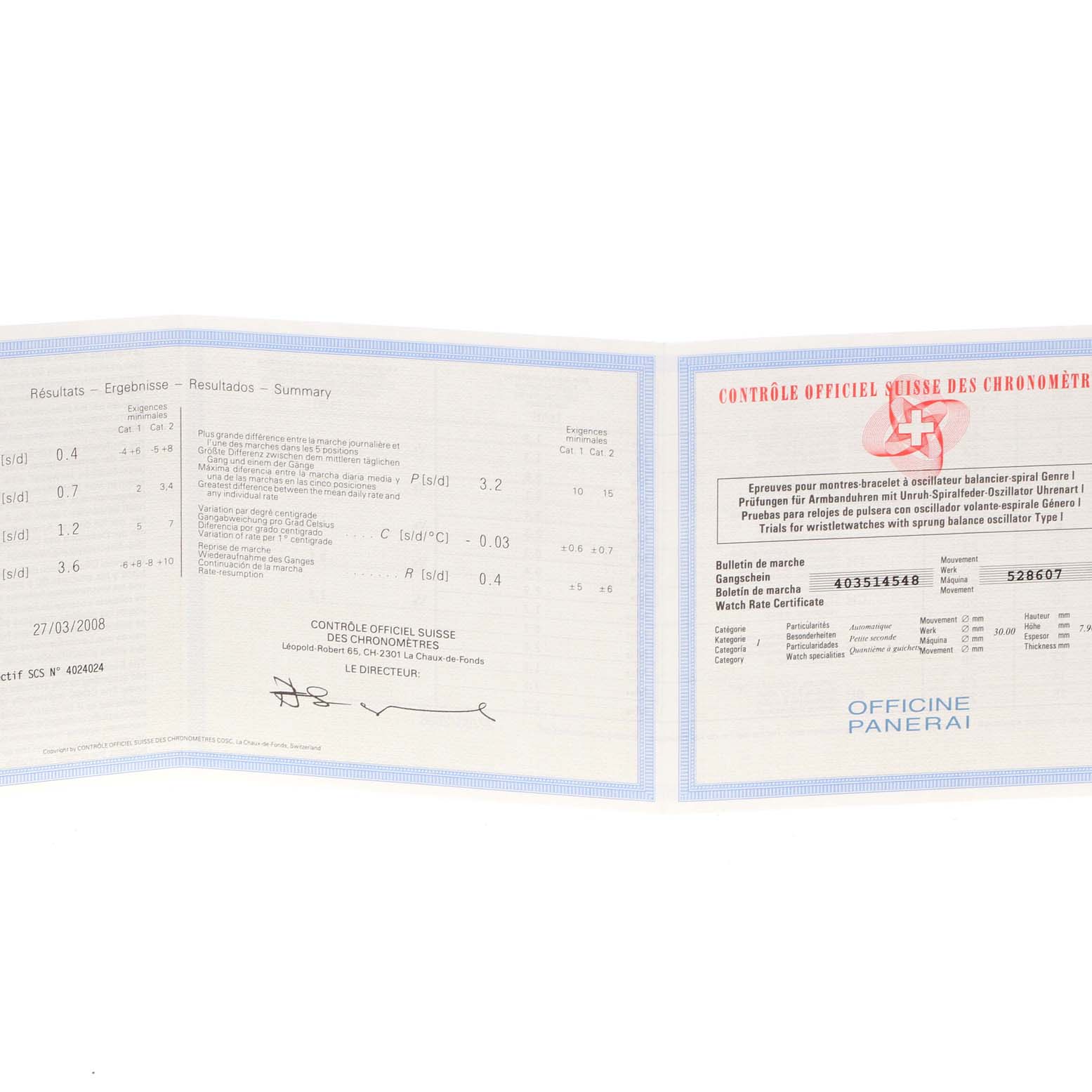 The image shows a folded Panerai Radiomir PAM00287 Men's Stainless Steel Black Dial PAM00287 Men's Stainless Steel Black Dial watch certification document with test results.