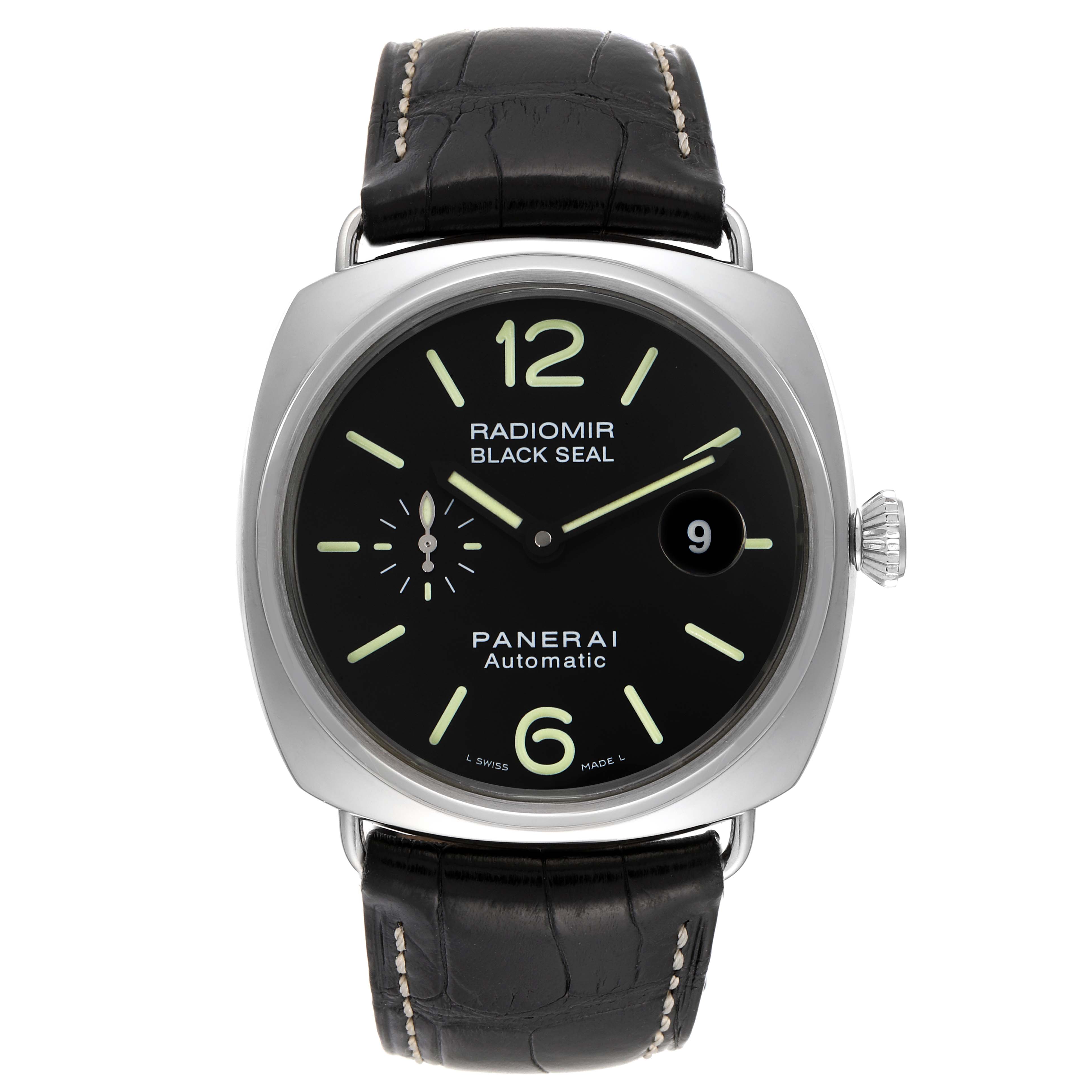 The image shows a front view of a Panerai Radiomir PAM00287 Men's Stainless Steel Black Dial PAM00287 Men's Stainless Steel Black Dial Black Seal watch, displaying the dial, crown, and leather strap.