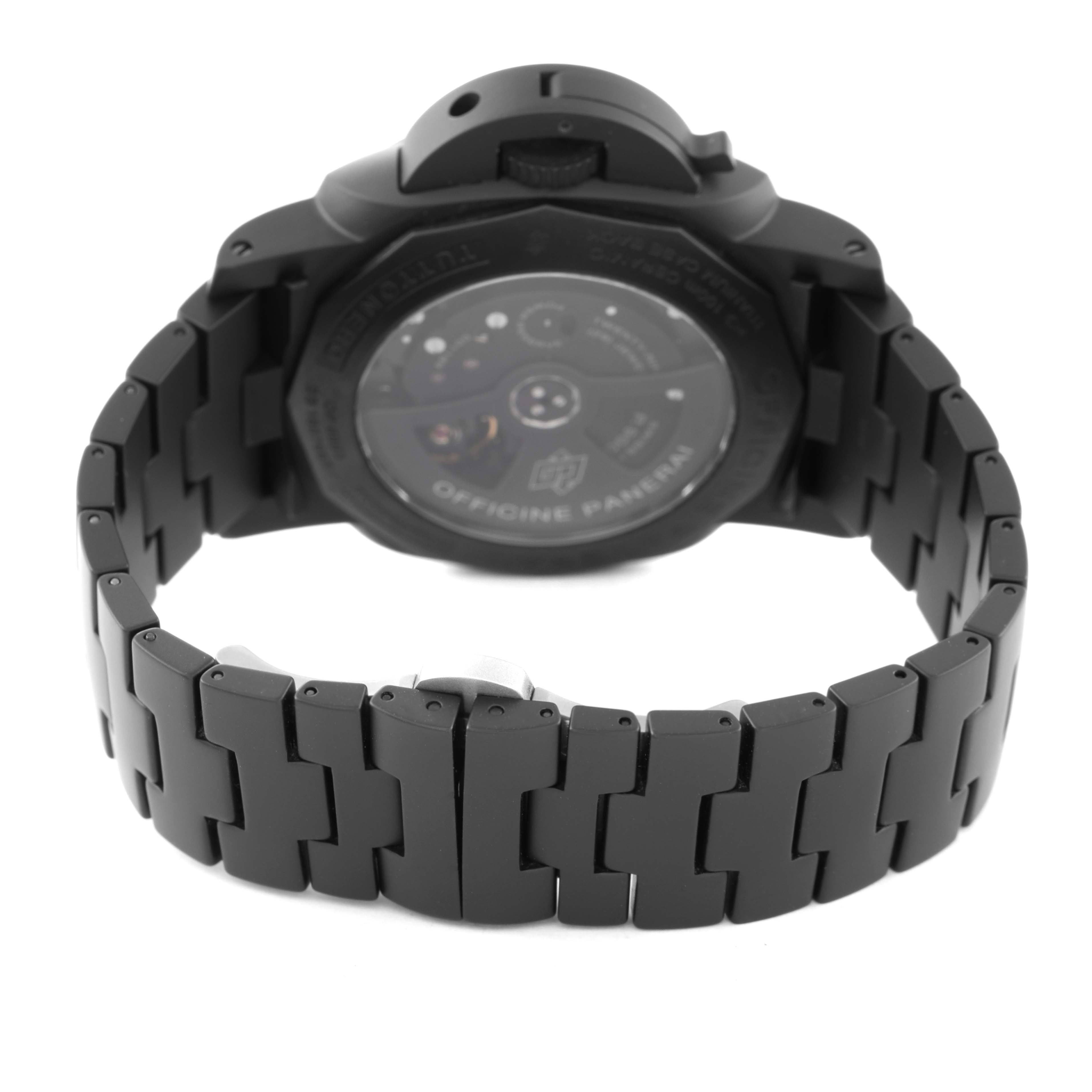 The image shows the rear and bracelet of a Panerai Luminor PAM00438 Men's Ceramic Black Dial PAM00438 Men's Ceramic Black Dial watch at a slightly elevated angle.
