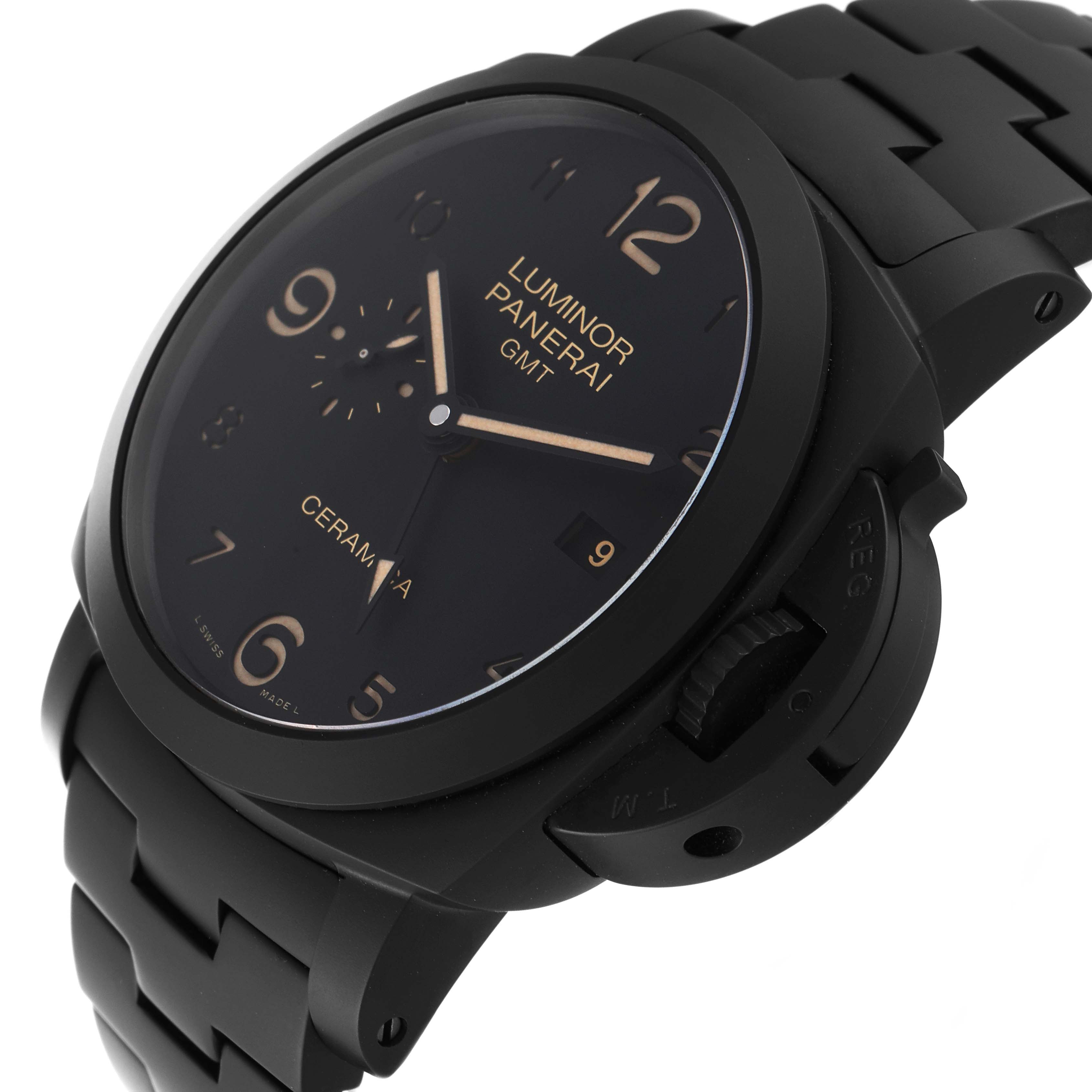 This image shows a side angle of the Panerai Luminor PAM00438 Men's Ceramic Black Dial PAM00438 Men's Ceramic Black Dial watch, highlighting its dial, case, and bracelet.