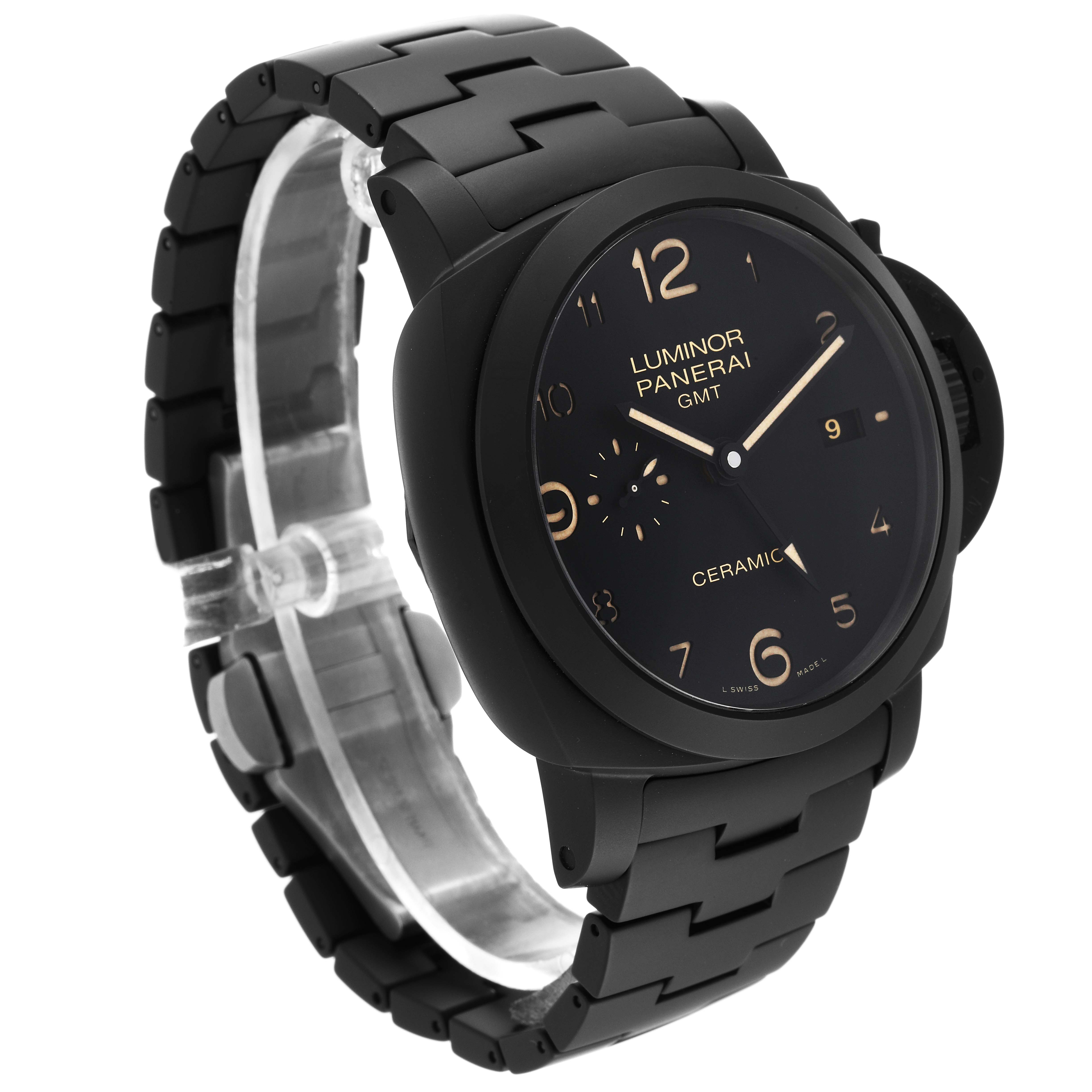 This image shows a side angle view of a Panerai Luminor PAM00438 Men's Ceramic Black Dial PAM00438 Men's Ceramic Black Dial GMT watch, highlighting the face and ceramic bracelet.