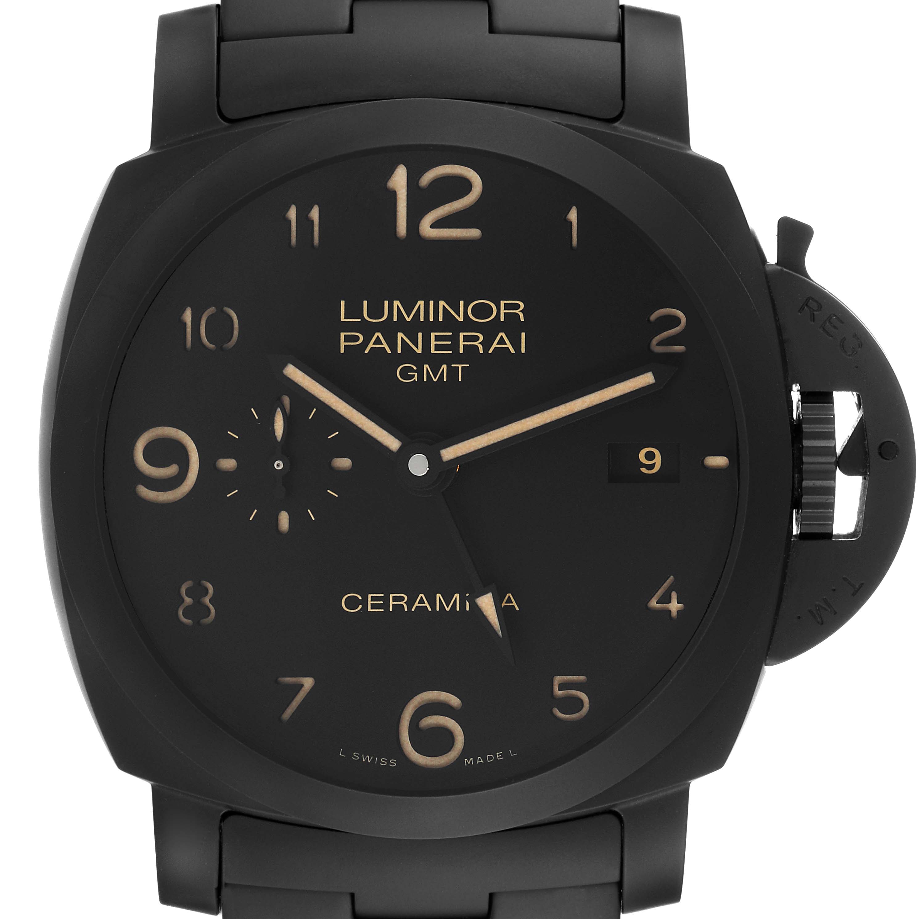 The Panerai Luminor PAM00438 Men's Ceramic Black Dial PAM00438 Men's Ceramic Black Dial watch is shown from the front, displaying the dial, hands, crown, and numbering.