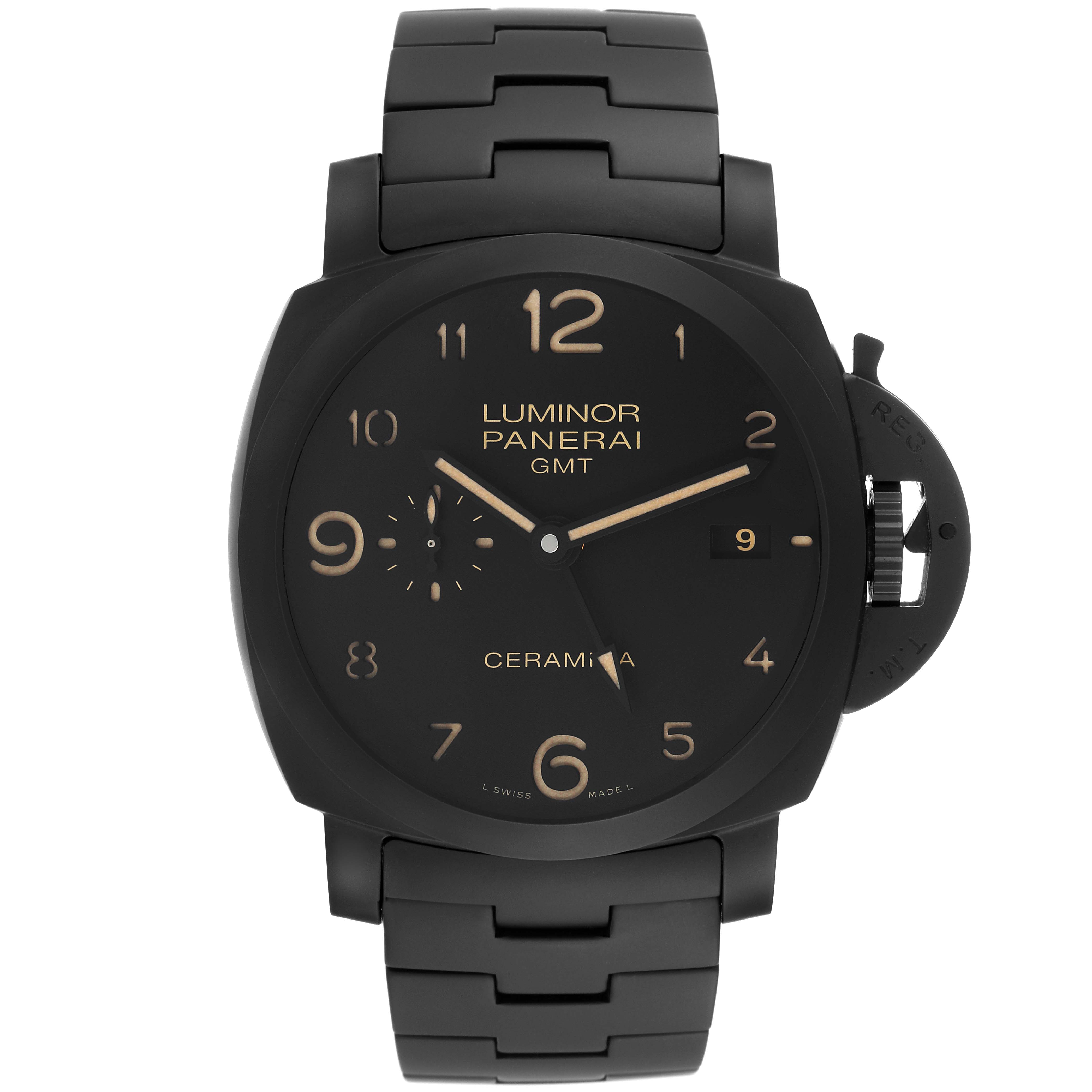 The image shows a front view of the Panerai Luminor PAM00438 Men's Ceramic Black Dial PAM00438 Men's Ceramic Black Dial Ceramica GMT watch, displaying its black dial and bracelet.