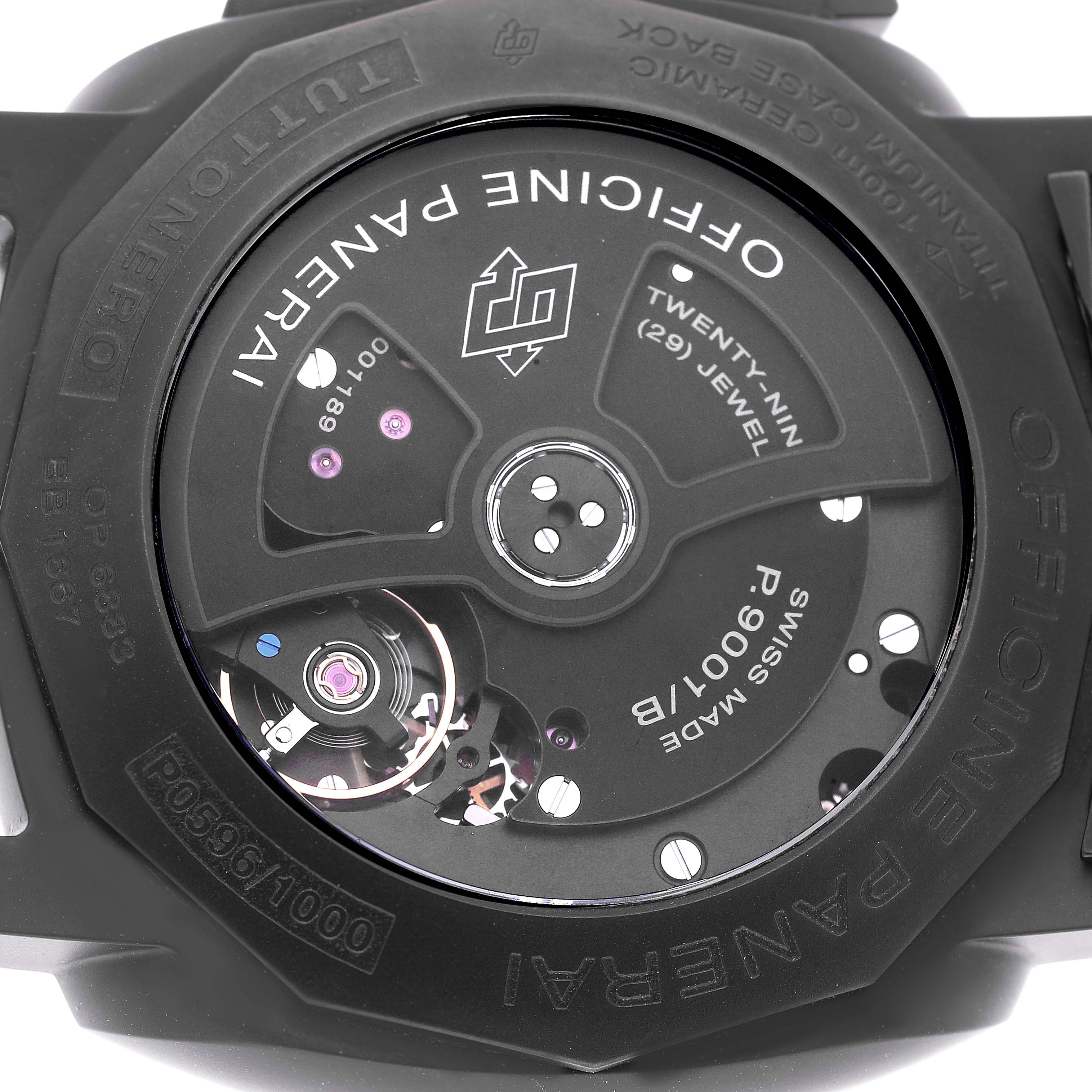 This image shows the back view of a Panerai Luminor PAM00438 Men's Ceramic Black Dial PAM00438 Men's Ceramic Black Dial watch, highlighting its internal mechanism and engravings.