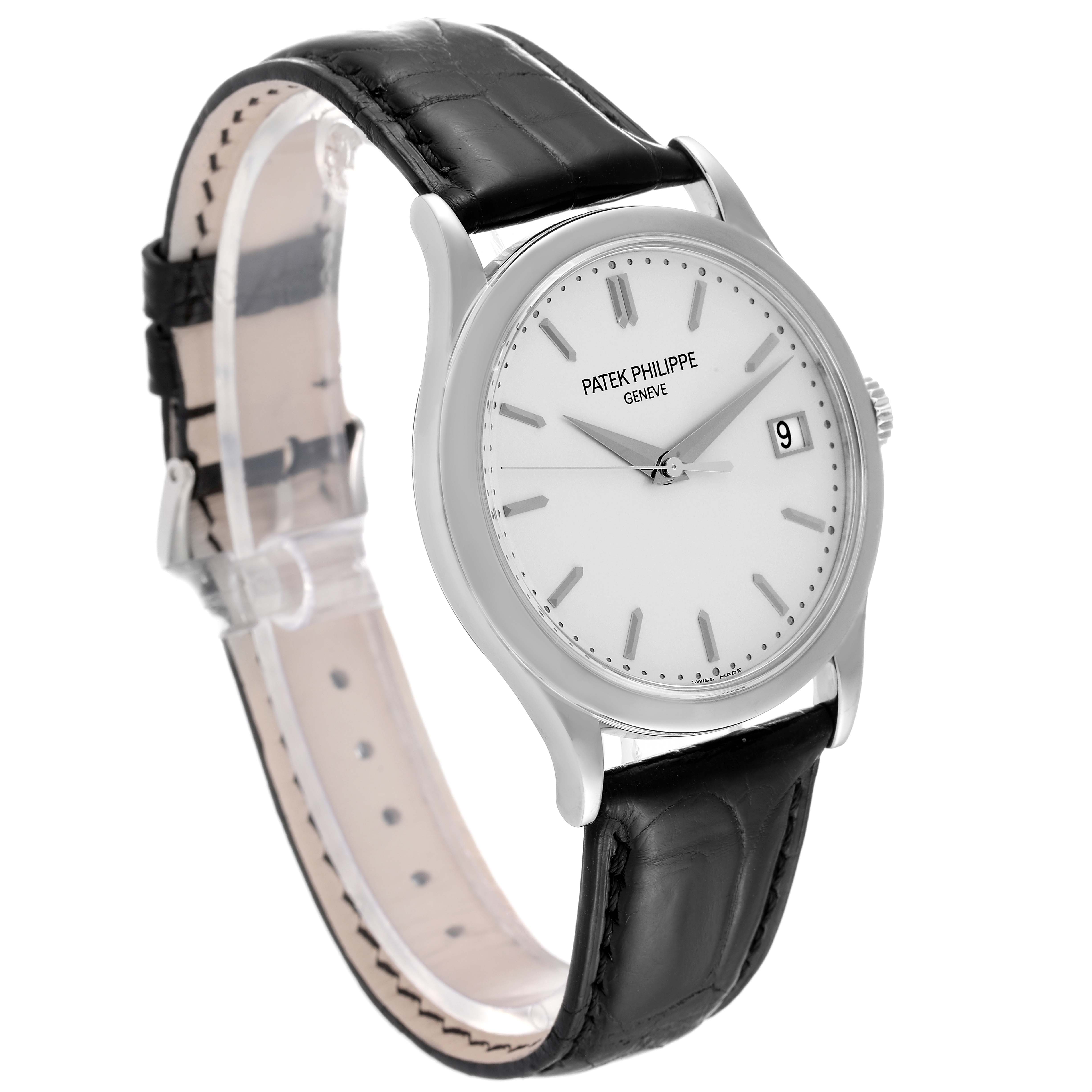 The image shows a Patek Philippe Calatrava 5296G-010 Men
s White Gold Silver Dial 5296G-010 Men
s White Gold Silver Dial watch from a front angle, displaying the dial, case, strap, and buckle.
