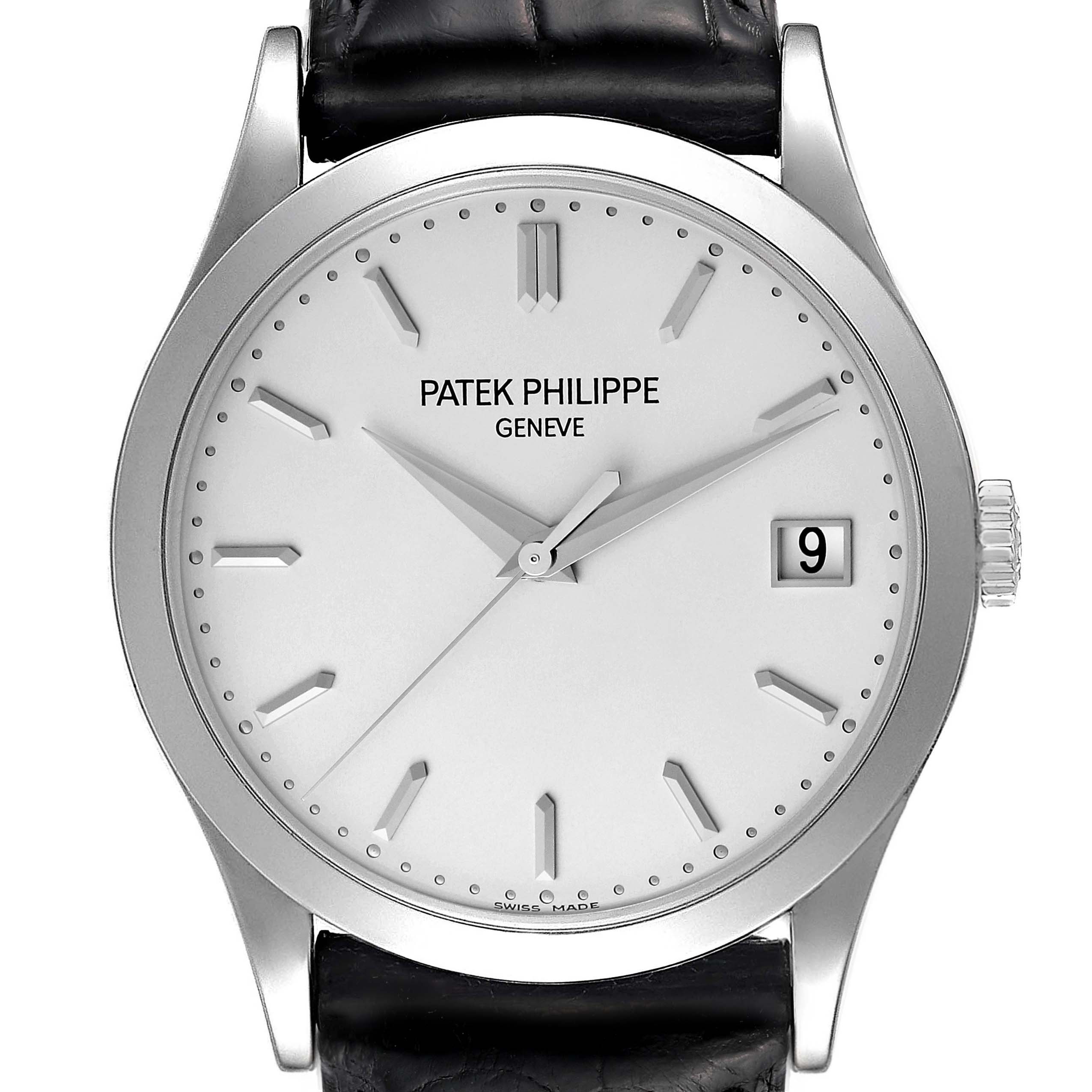 The image shows a front view of the Patek Philippe Calatrava 5296G-010 Men
s White Gold Silver Dial 5296G-010 Men
s White Gold Silver Dial watch, highlighting the dial, hands, date window, and part of the leather strap.