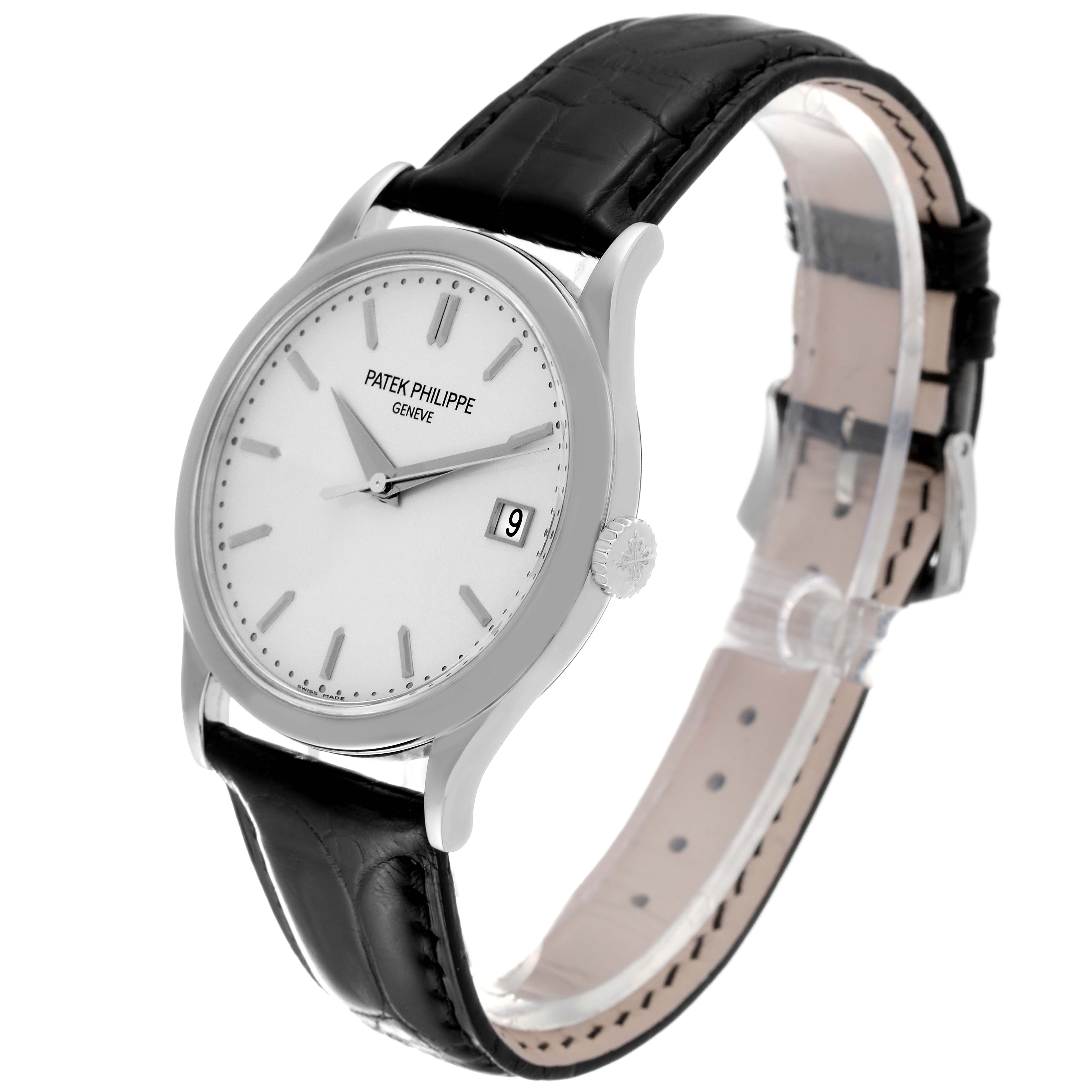 The image shows a Patek Philippe Calatrava 5296G-010 Men
s White Gold Silver Dial 5296G-010 Men
s White Gold Silver Dial watch at a three-quarter angle, displaying the face, strap, and crown.