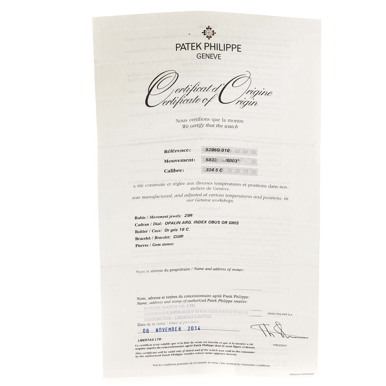 The image shows a Patek Philippe Certificate of Origin for the Calatrava model.