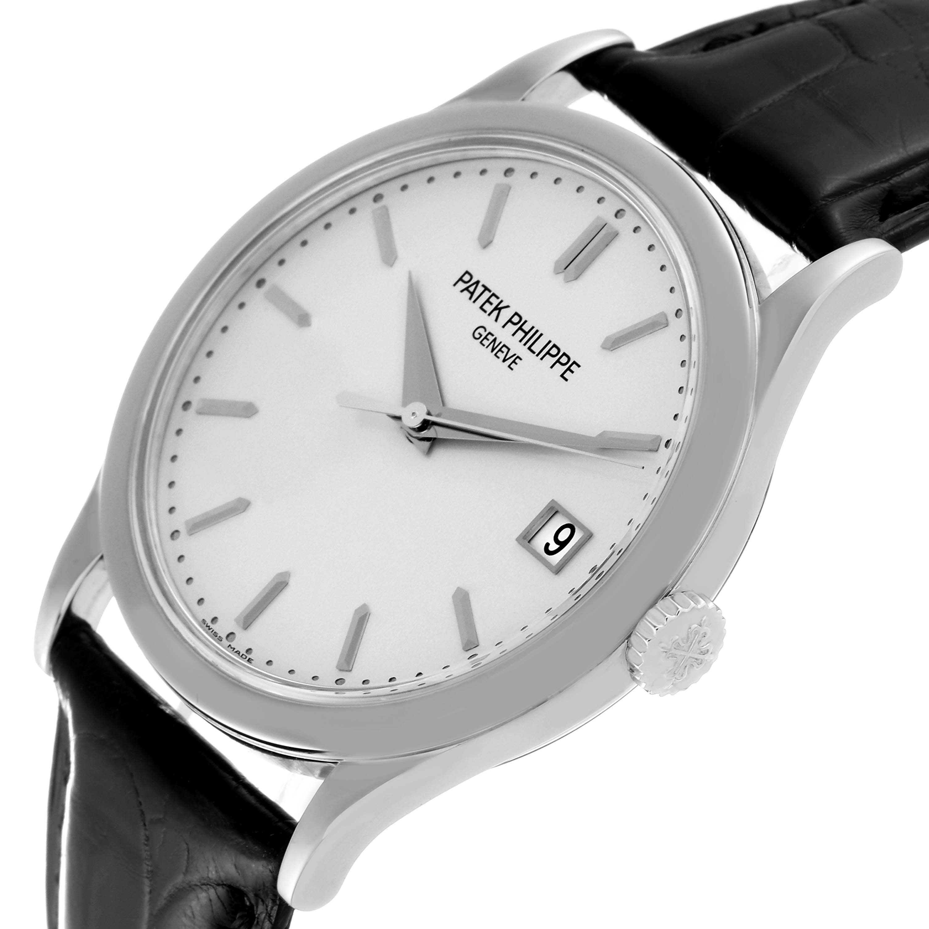 The Patek Philippe Calatrava 5296G-010 Men
s White Gold Silver Dial 5296G-010 Men
s White Gold Silver Dial watch is shown at an angled view highlighting the face, crown, and part of the leather strap.